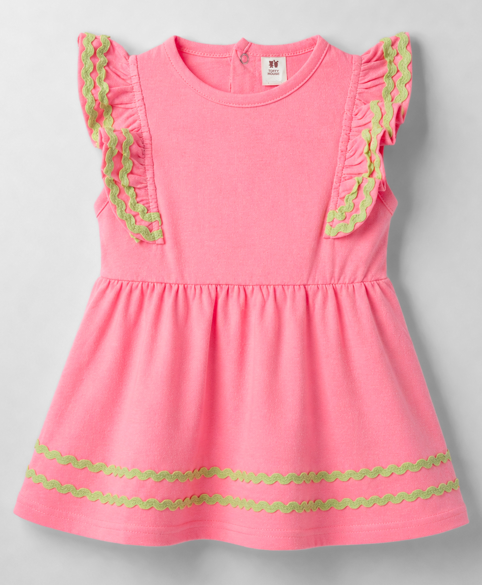 ToffyHouse Cotton Knit Sleeveless Solid Frock With Lace Detailing - Neon Pink-image-14