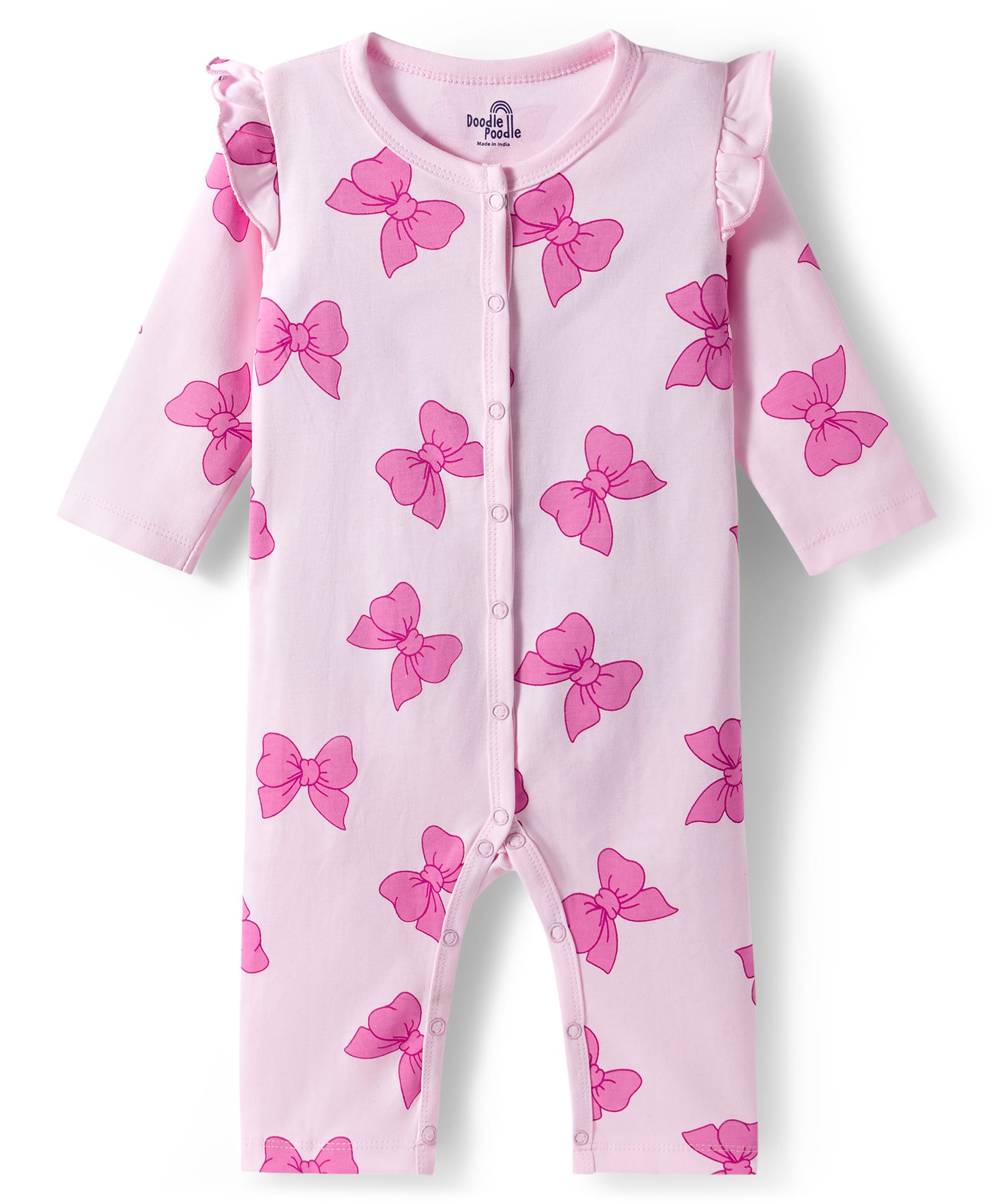 Doodle Poodle 100% Cotton Knit Full Sleeves Bow Printed Romper - Pink-image-41