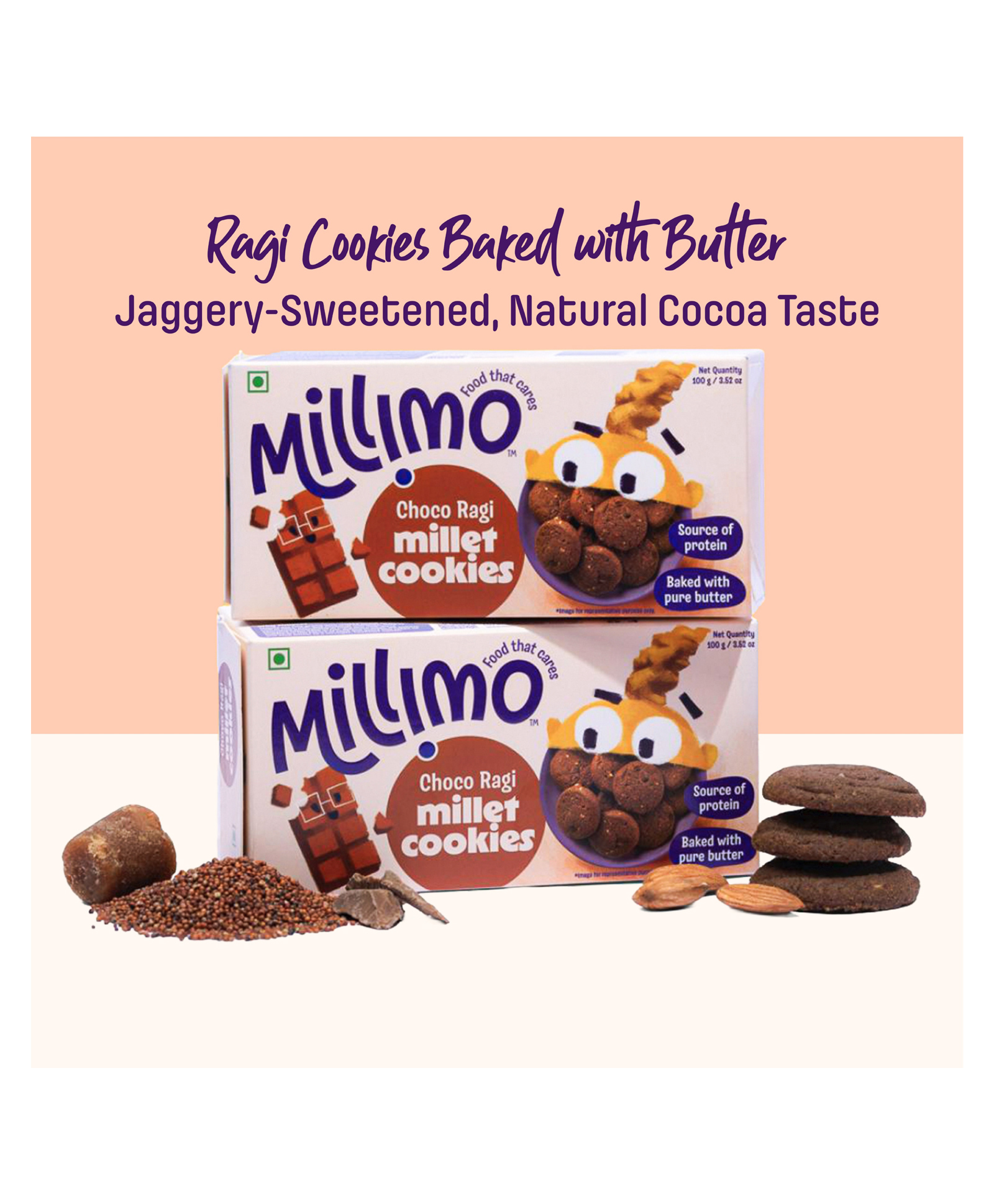 Millimo Healthy Ragi Millet Cookies - Choco Ragi 2x100g | No Maida, No Refined Sugar, No Palm Oil, Pure Butter Baked | High Protein & Fibre Multigrain Kids Snack- Ragi, Cocoa, Jaggery, Almonds, Butter-image-16