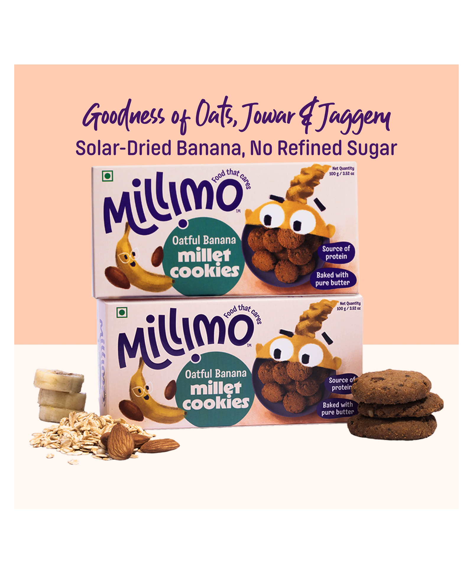 Millimo Healthy Butter Millet Cookies Oats Banana x2 (200g) | No Maida, No Refined Sugar, No Palm Oil, Butter-Baked | High Iron, Protein, Fibre from Oats, Wheat, Semolina, Almonds, Jaggery-image-22