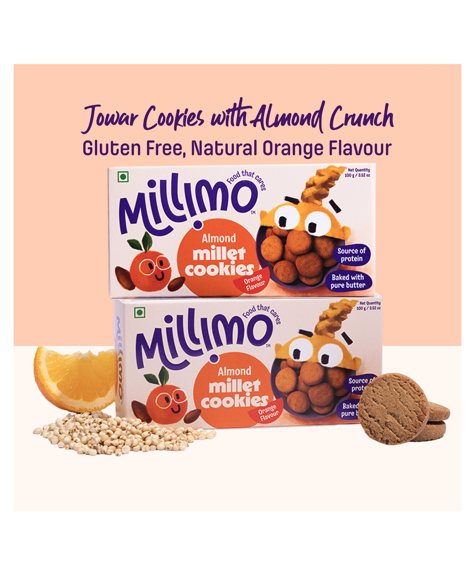 Millimo Healthy Butter Millet Cookies - Jowar Almond 2x100g Pure Butter Baked | No Maida, No Wheat, No Refined, No Gluten | High Protein & Fibre Multigrain Snack with Jowar, Almonds, Orange & Jaggery-image-3
