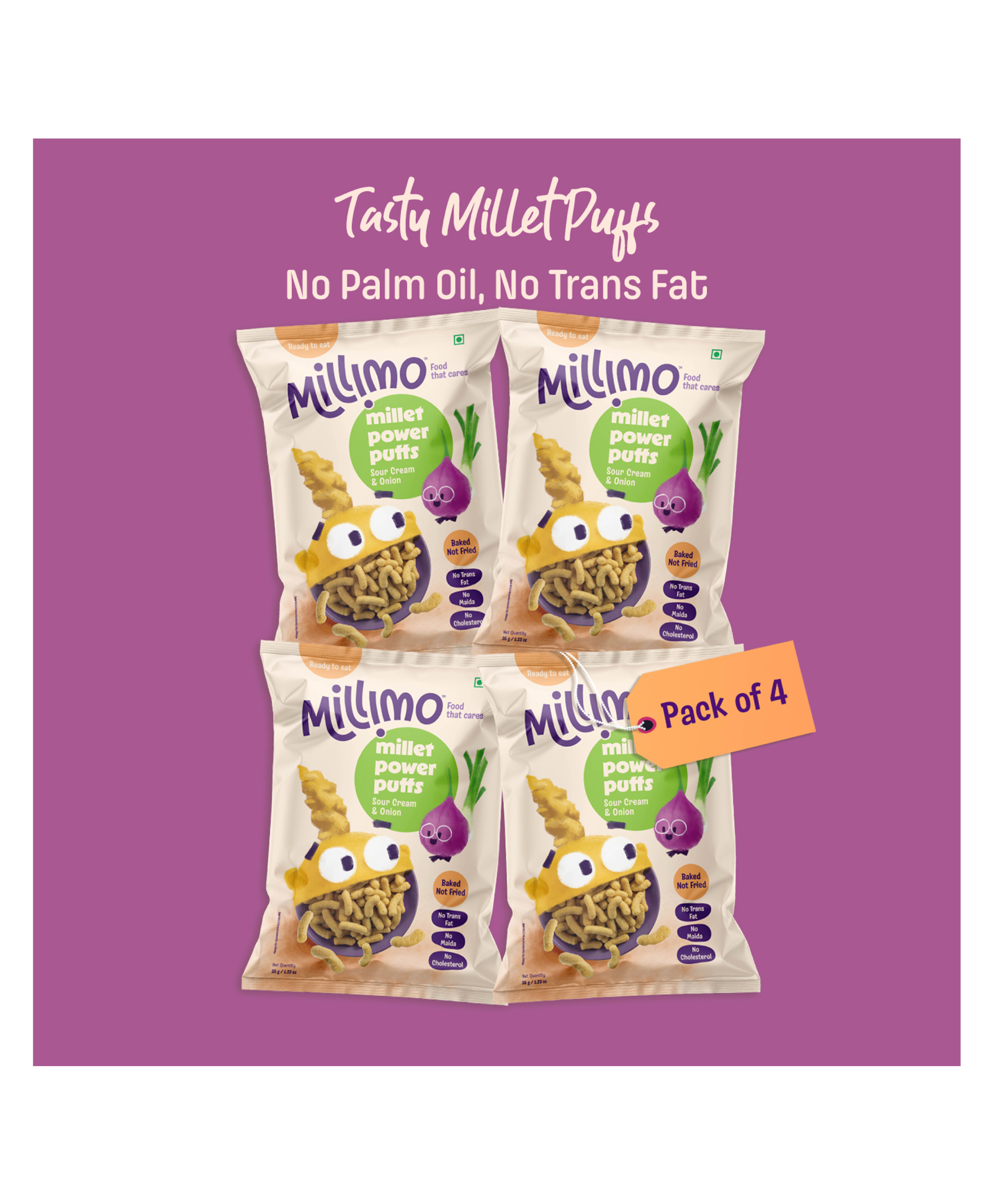 Millimo Healthy Millet Power Puffs - Sour Cream & Onion (4 x 35g) | No Maida, No Palm Oil, No Trans Fat, No Cholesterol, No Refined Sugar | High Fibre, Tasty & Baked Namkeen Snacks for Kids & Family-image-2
