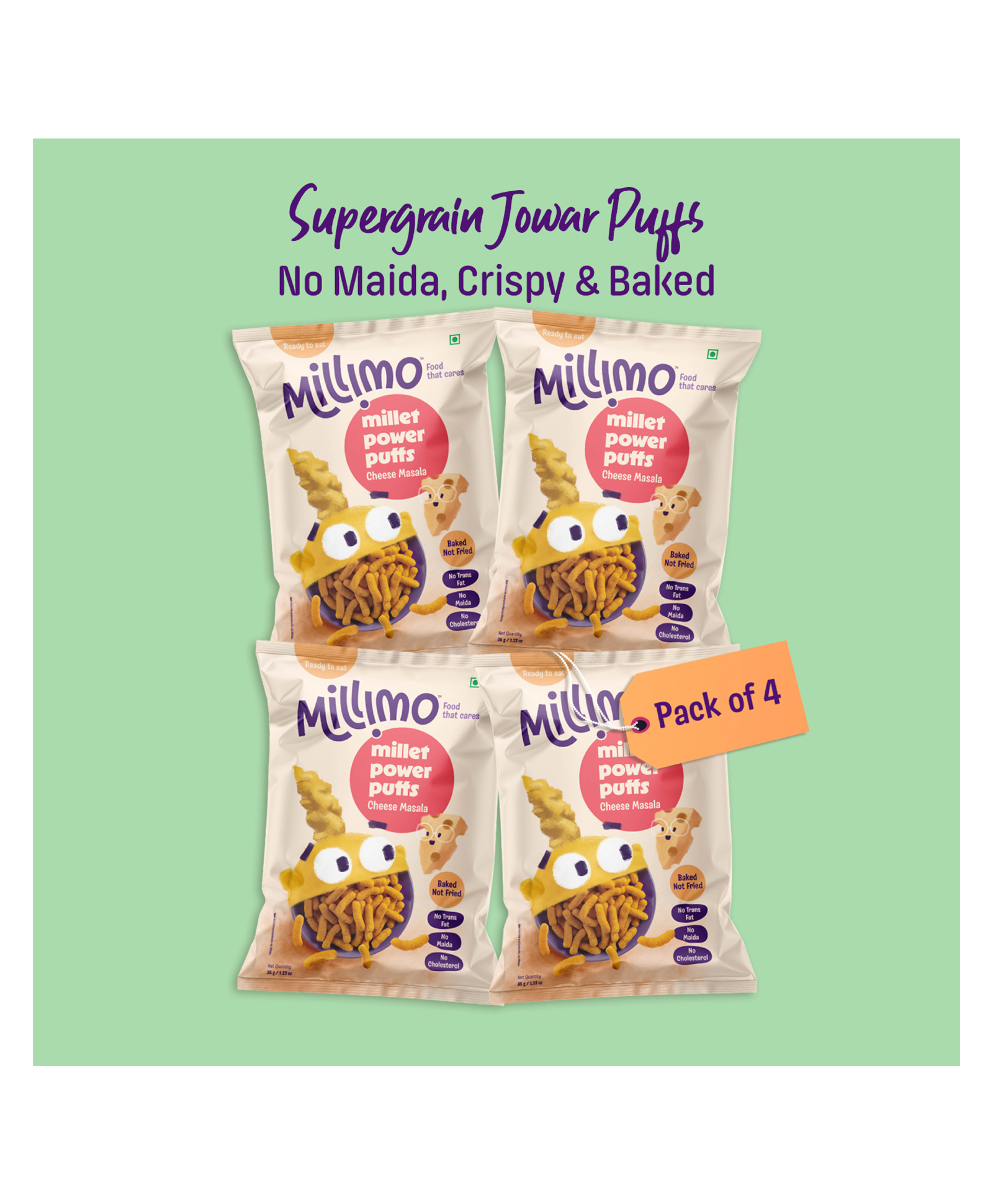 Millimo Healthy Millet Power Puffs - Cheese Masala (4 x 35g) | No Maida, No Palm Oil, No Trans Fat, No Cholesterol, No Refined Sugar, No Onion | Tasty, Baked, High Fibre Snacks for Kids and Families-image-34