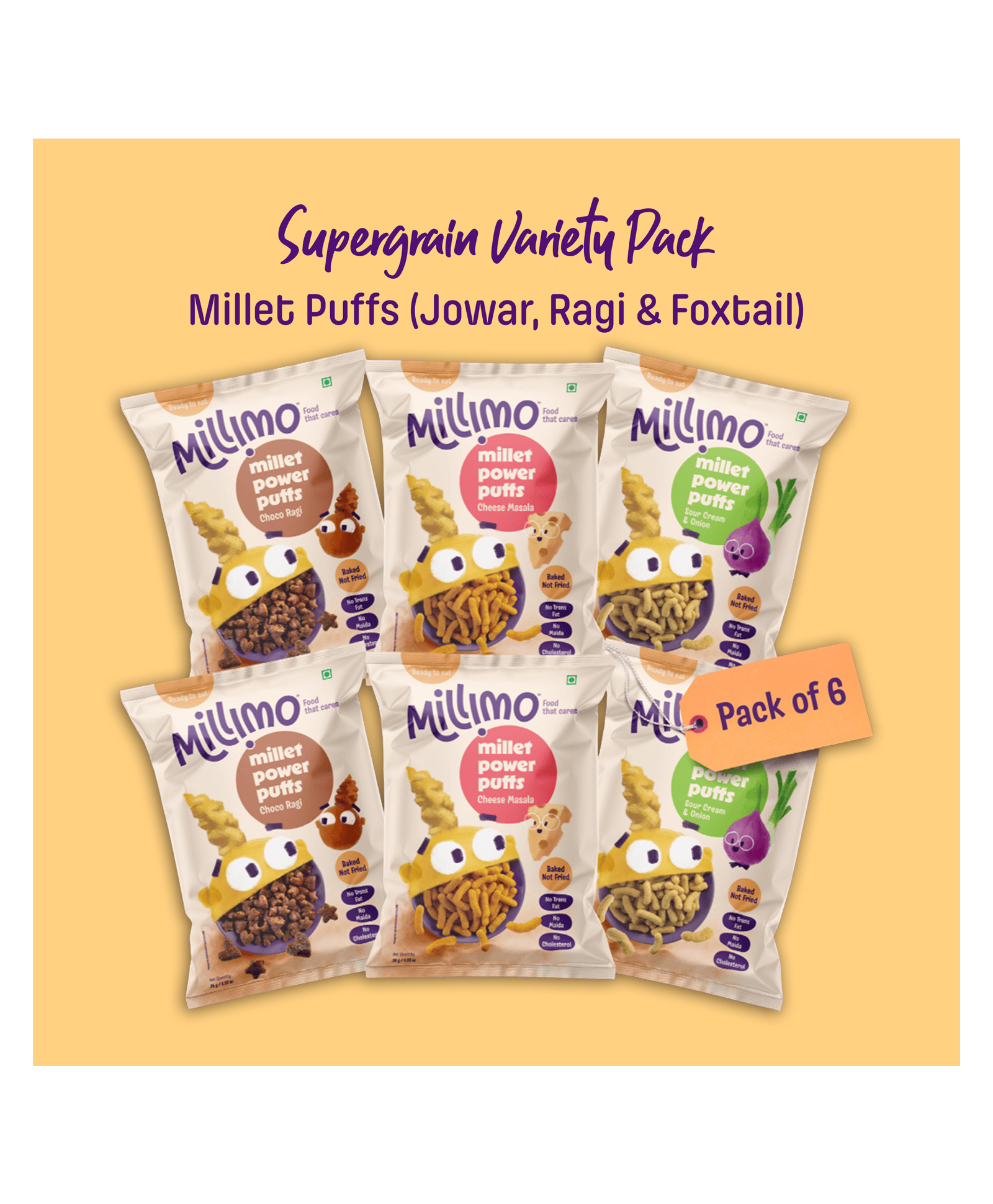 Millimo Millet Power Puffs - Cheese Masala x2, Sour Cream & Onion x2, Choco Ragi x2 (Pack of 6 x 35g) | No Maida, No Palm Oil, No Cholesterol, No Refined Sugar, Baked | Healthy Namkeen Snacks for Kids-picture-12