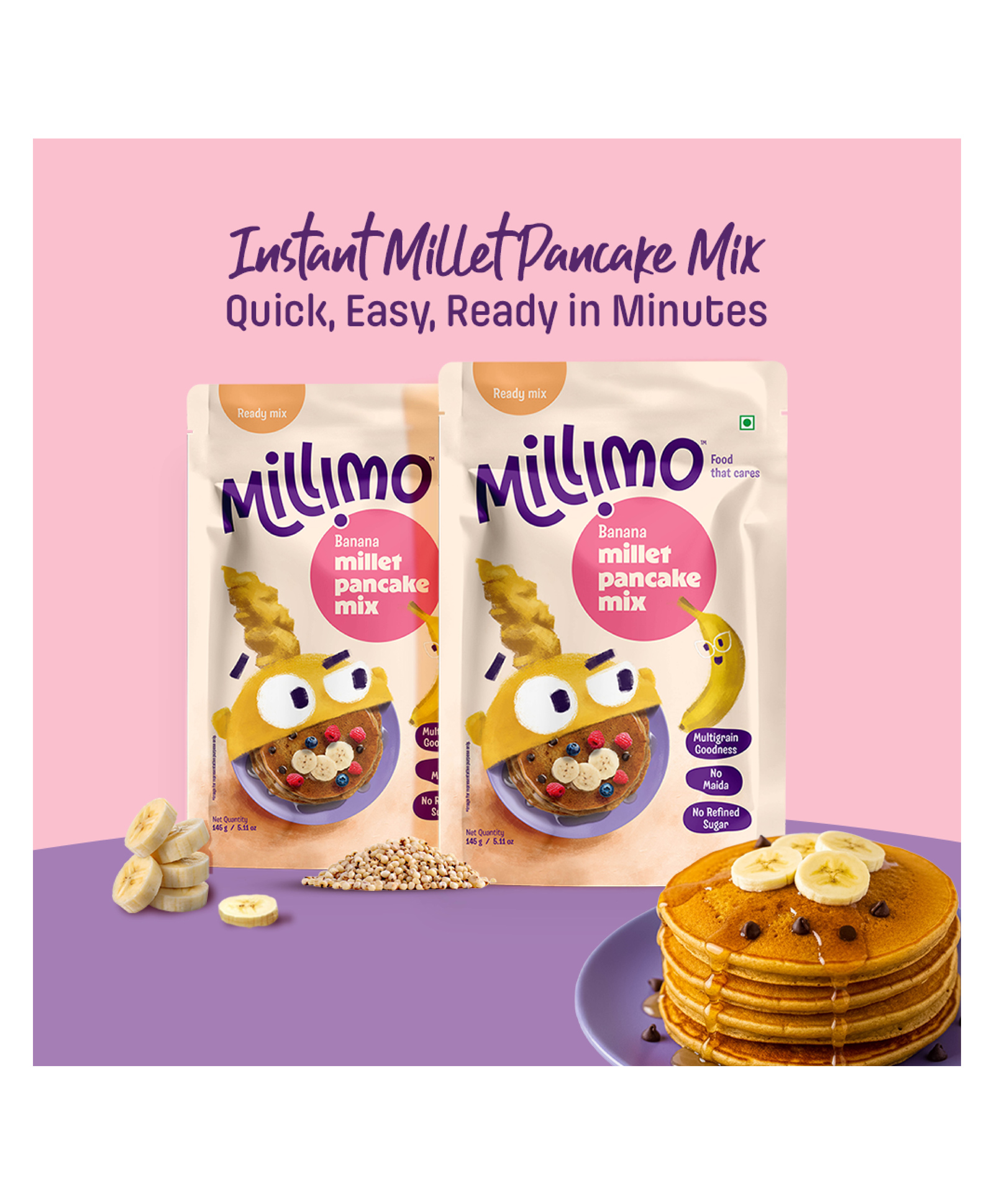 Millimo Instant Healthy Banana Millet Pancake Mix (2x145g) Made with 64% Multigrains (Jowar, Oats, Foxtail, Little Millet), Jaggery, Banana, Vanilla | Quick, Easy, High Protein & Fibre-image-46