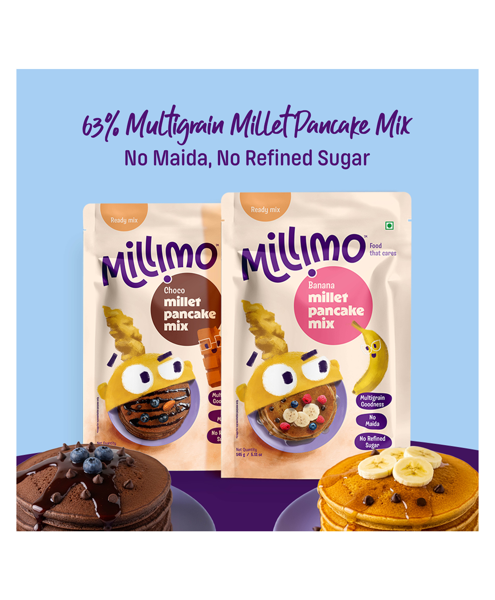 Millimo Instant Healthy Millet Pancake Mix - Chocolate x1, Banana x1 (Pack of 2 x 145g) | Made with Jowar, Oats, Ragi, Foxtail, Little Millet, Jaggery | High Protein & Fibre Breakfast Ready in Minutes-image-45