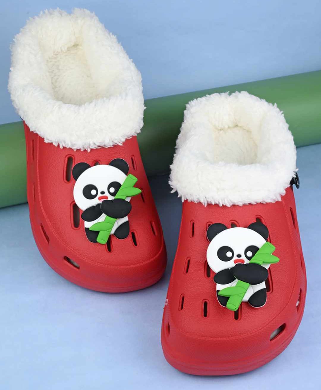 Yellow Bee Panda Applique Detailed Perforated Plush Line Detailed Clogs - Red-image-48