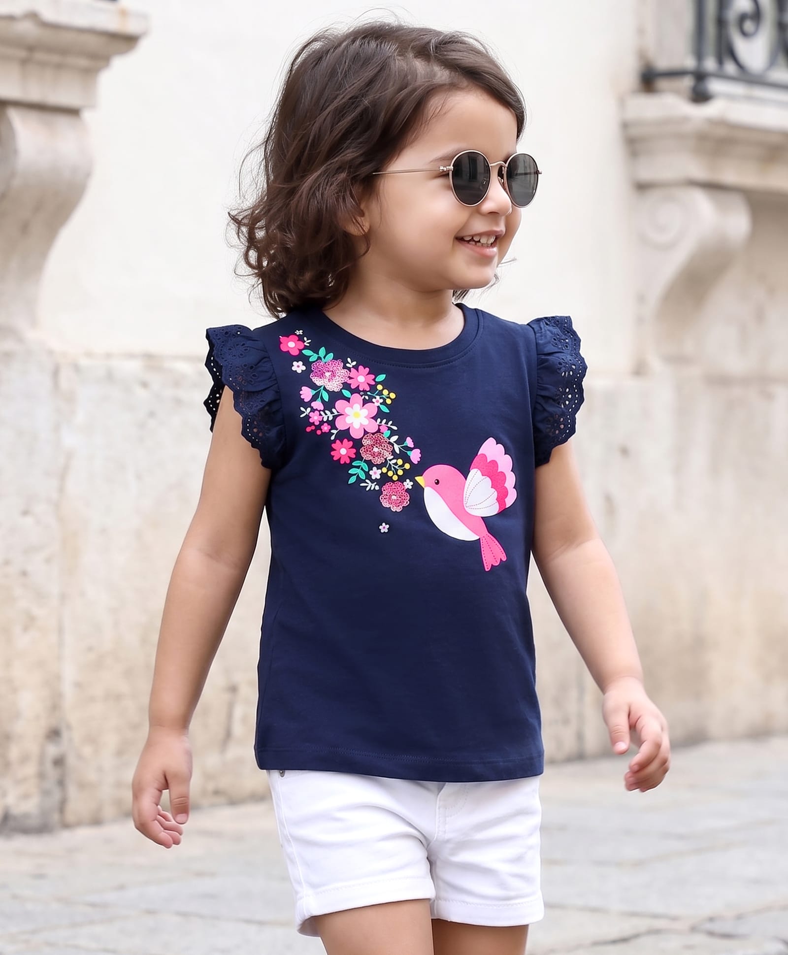 Babyhug Cotton Knit Half Sleeves T-Shirt With Floral Print & Sequin Detailing - Navy Blue-image-23