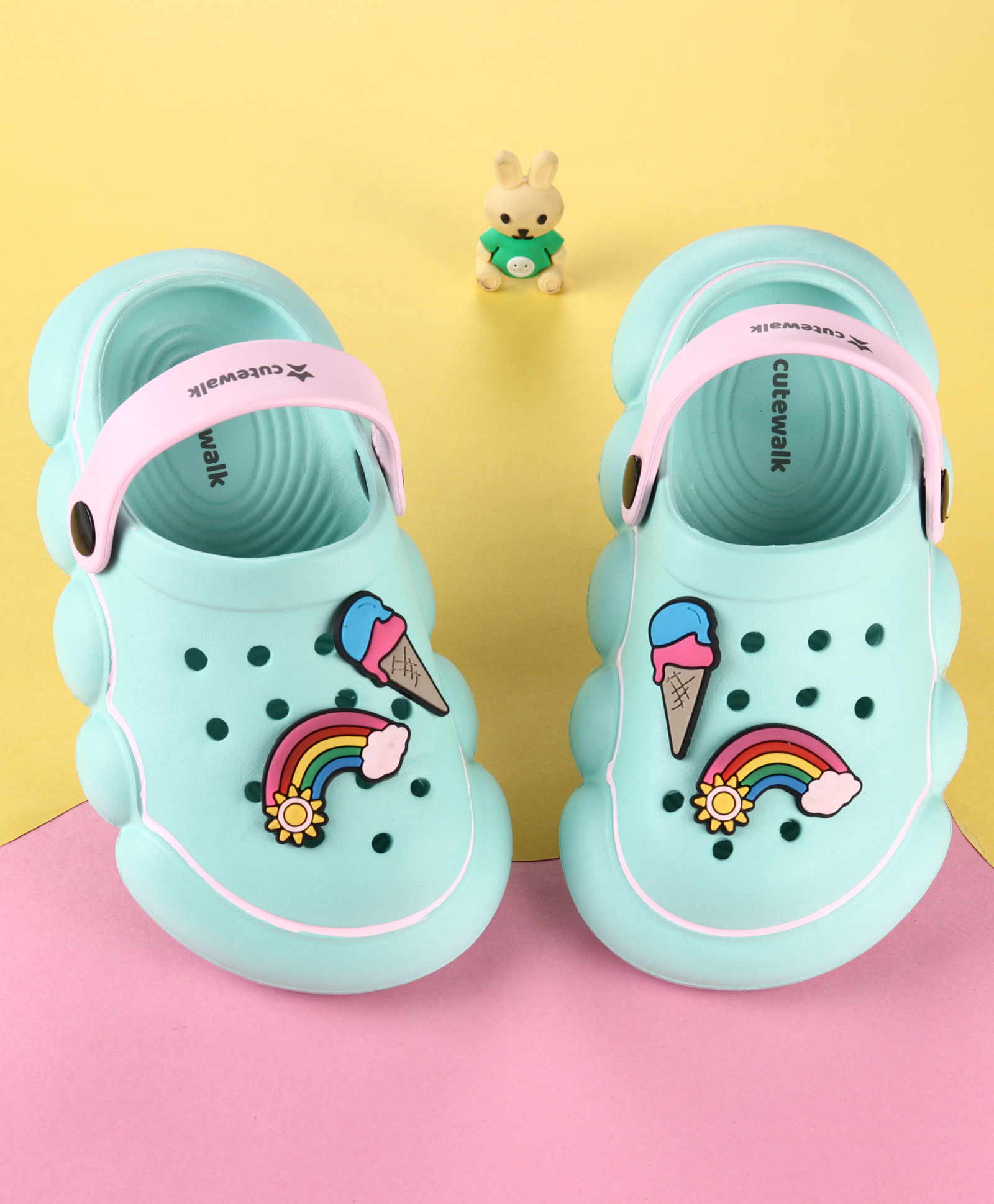 Cute Walk by Babyhug Back Strap Clogs with Rainbow Applique - Mint & Pink-picture-13