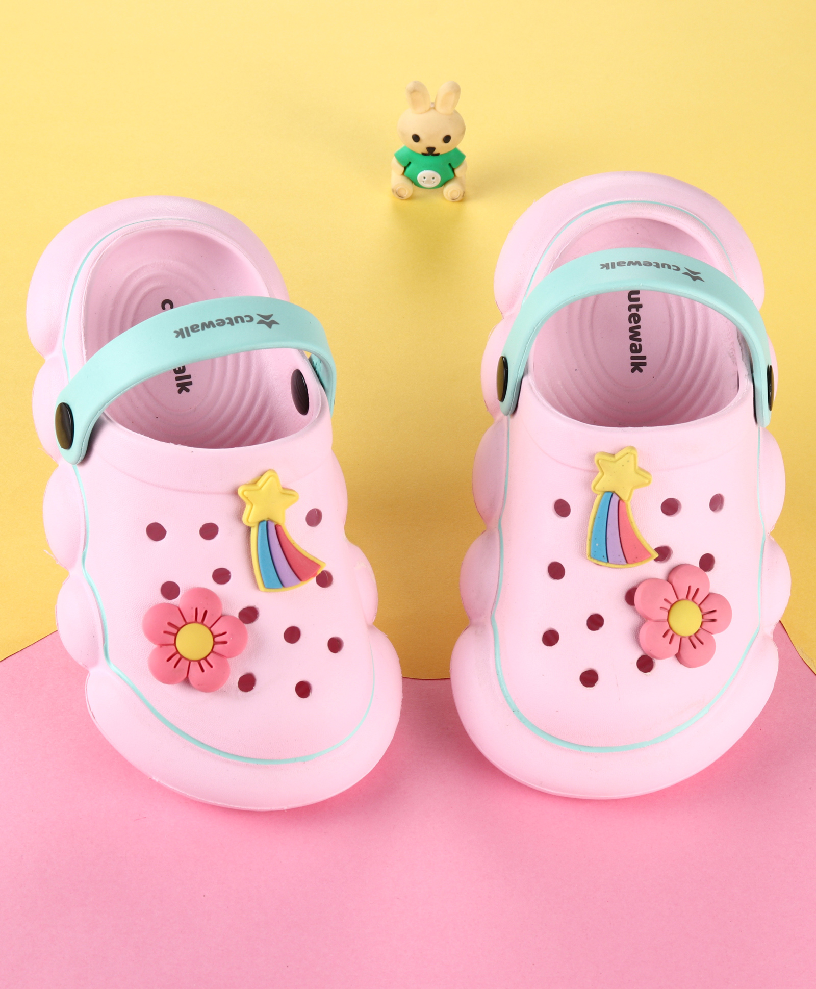 Cute Walk by Babyhug Back Strap Clogs with Floral & Star Applique - Pink & Mint-image-16