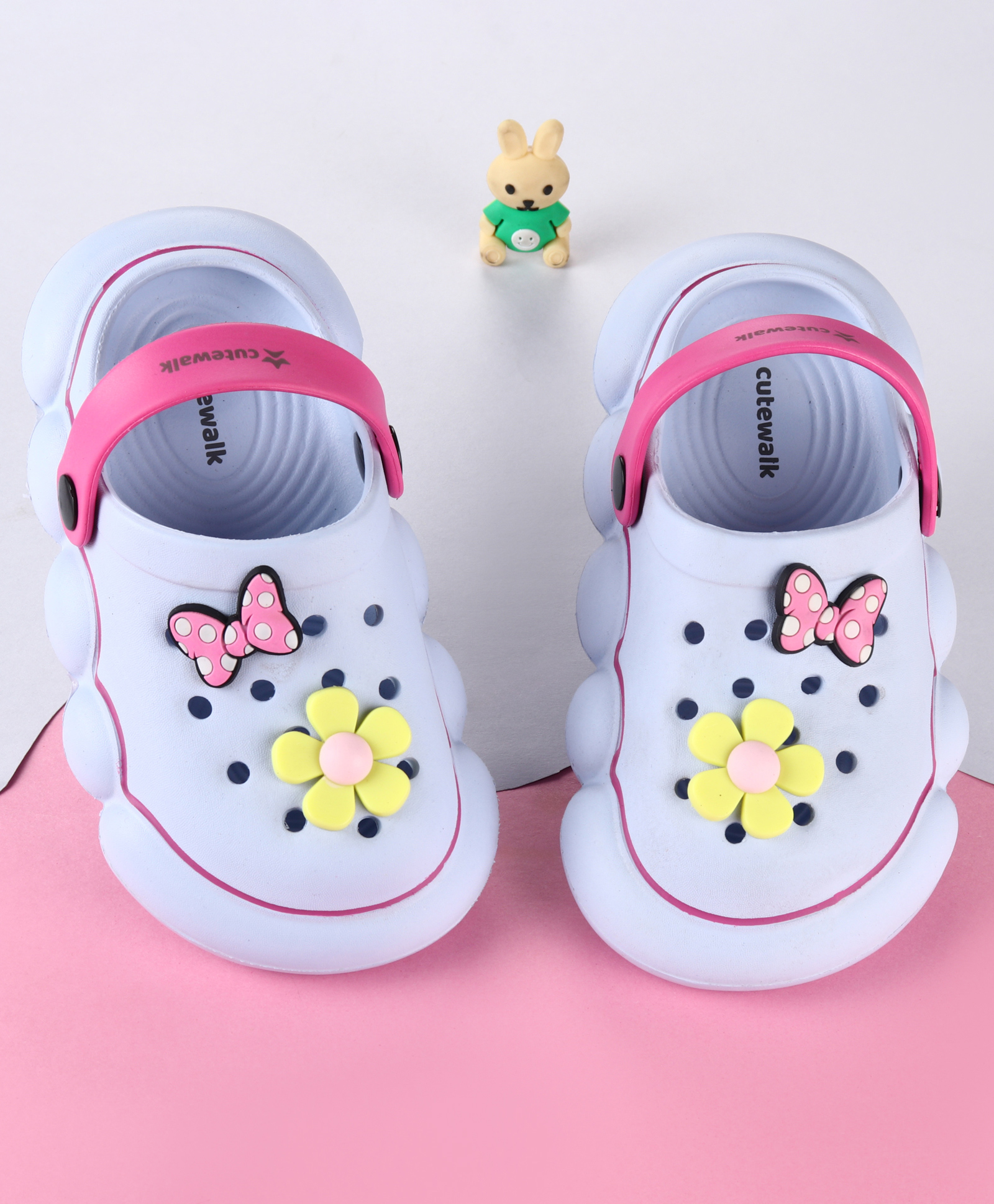 Cute Walk by Babyhug Back Strap Clogs with Floral & Bow Applique - Blue & Fuchsia-image-46