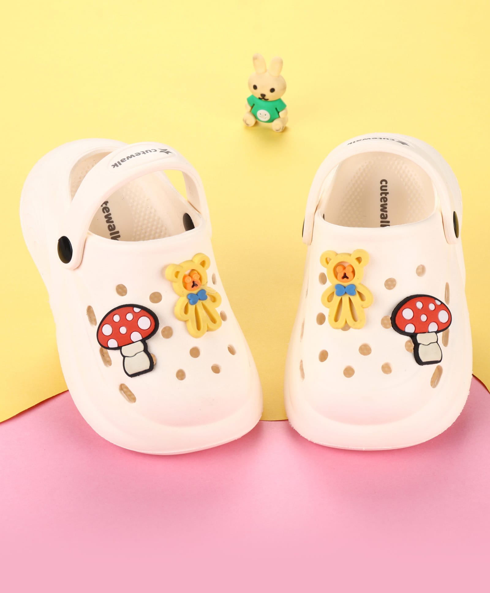 Cute Walk by Babyhug Clogs with Back Strap & Mushroom Applique - Off White
