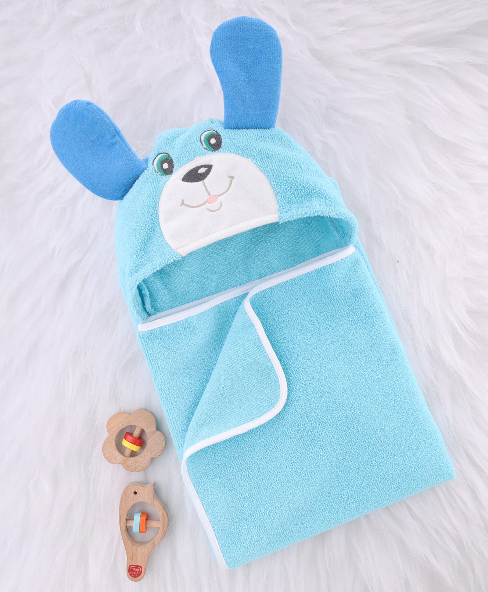 Babyhug Terry Knit Hooded Microfiber Towel With Teddy Face Applique L 74 x B 70 cm - Aqua Blue-image-46
