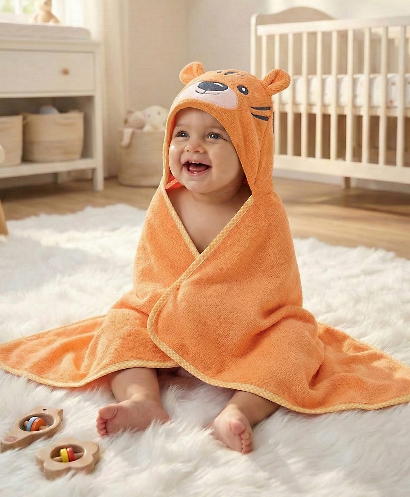 Babyhug Microfiber Hooded Towel With Tiger Print L 76 x B 69 cm - Orange