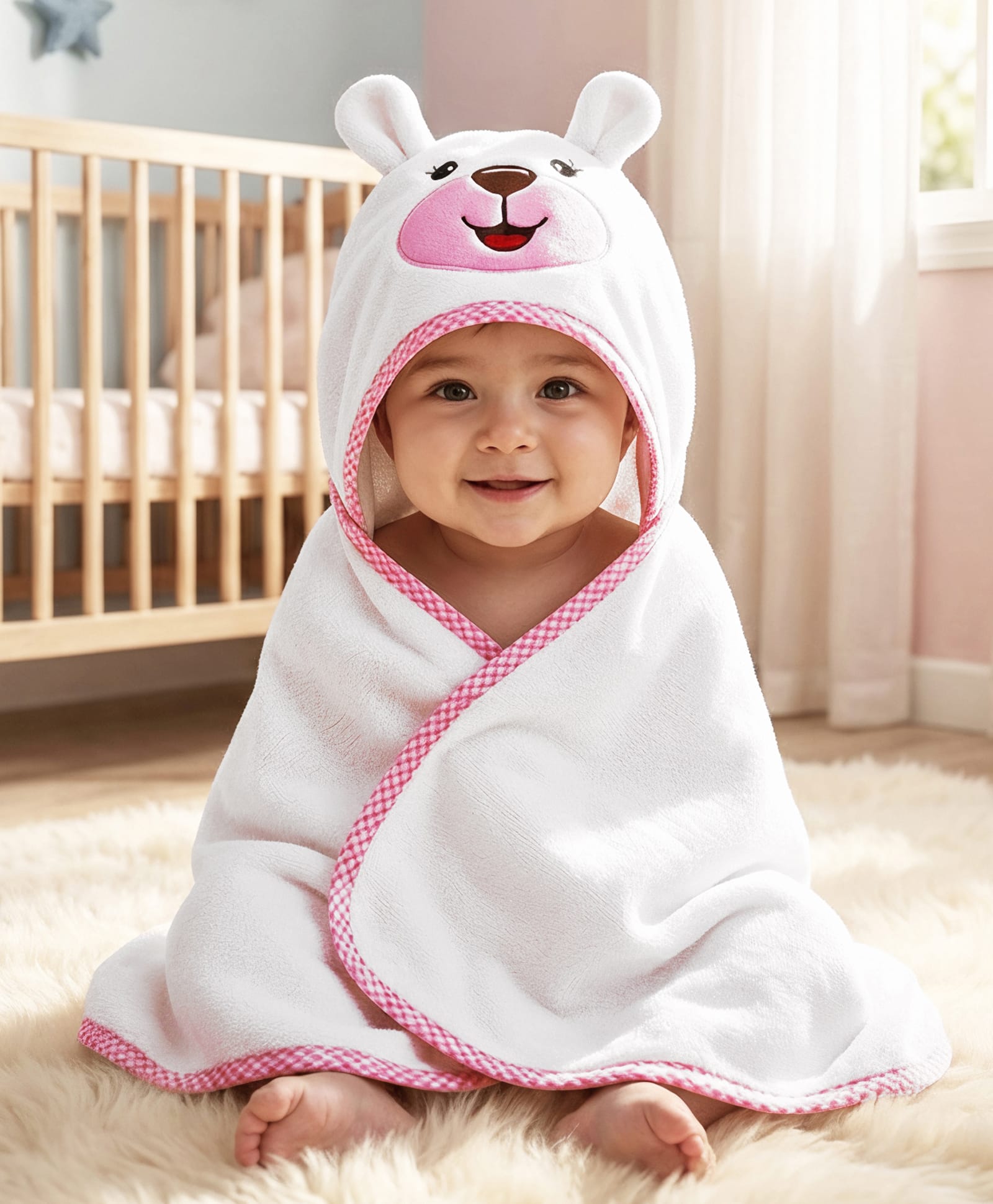 Babyhug Terry Knit Microfiber Hooded Towel with Bunny Embroidery & Applique L 75 x B 70 cm - White-image-15