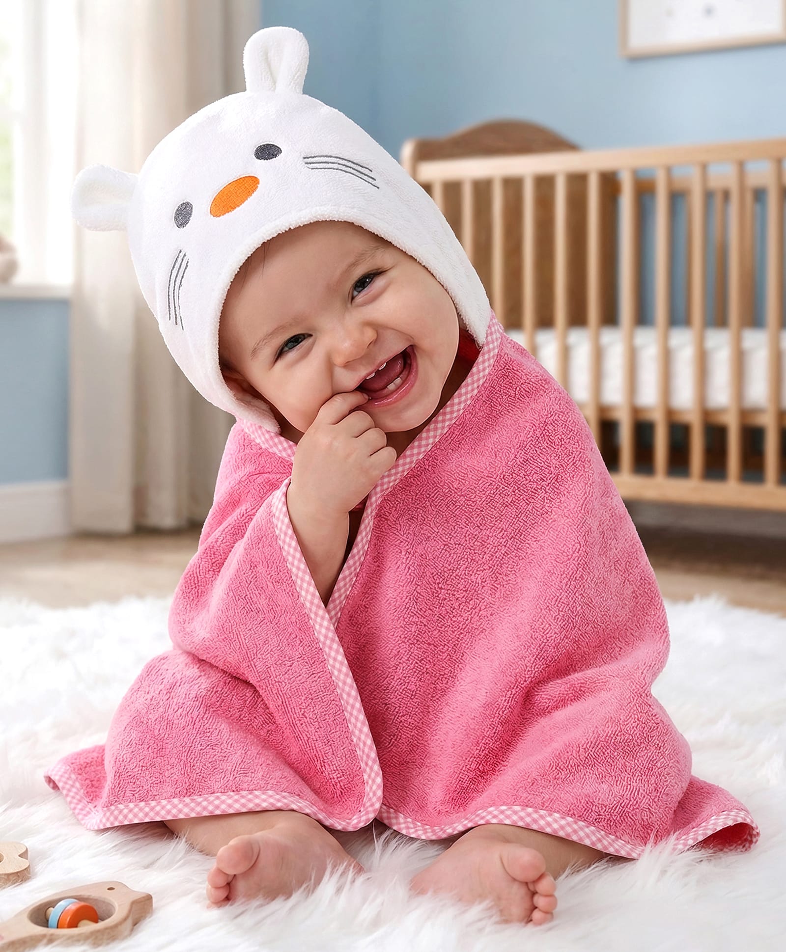 Babyhug Terry Knit Microfiber Hooded Towel with Bunny Embroidery & Applique L 75 x B 70 cm - Pink-image-8