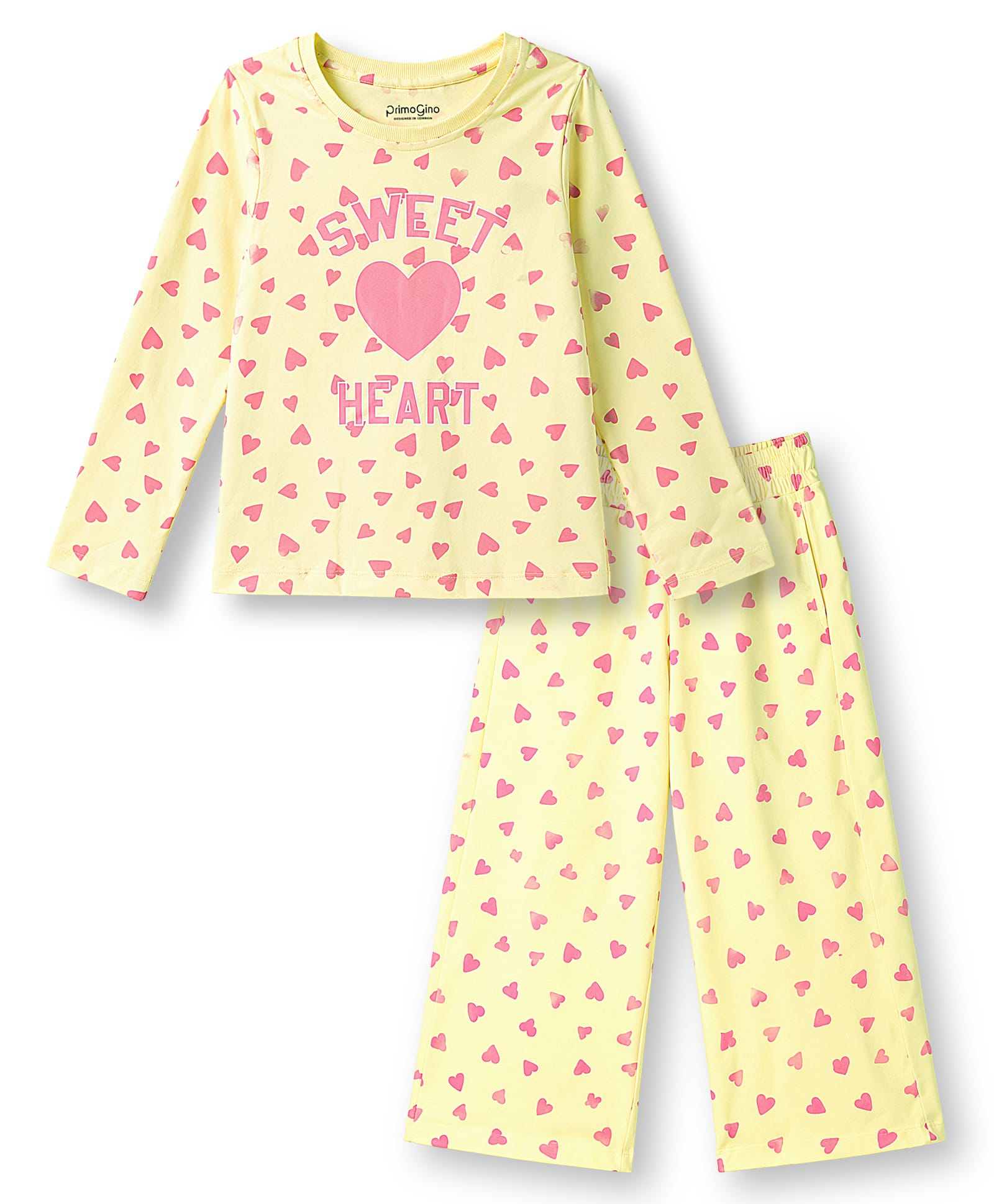 Primo Gino 100% Cotton Knit Full Sleeves T-Shirt & Pyjama Co-Ord Night Suit With Heart & Text Print - Light Yellow-image-5