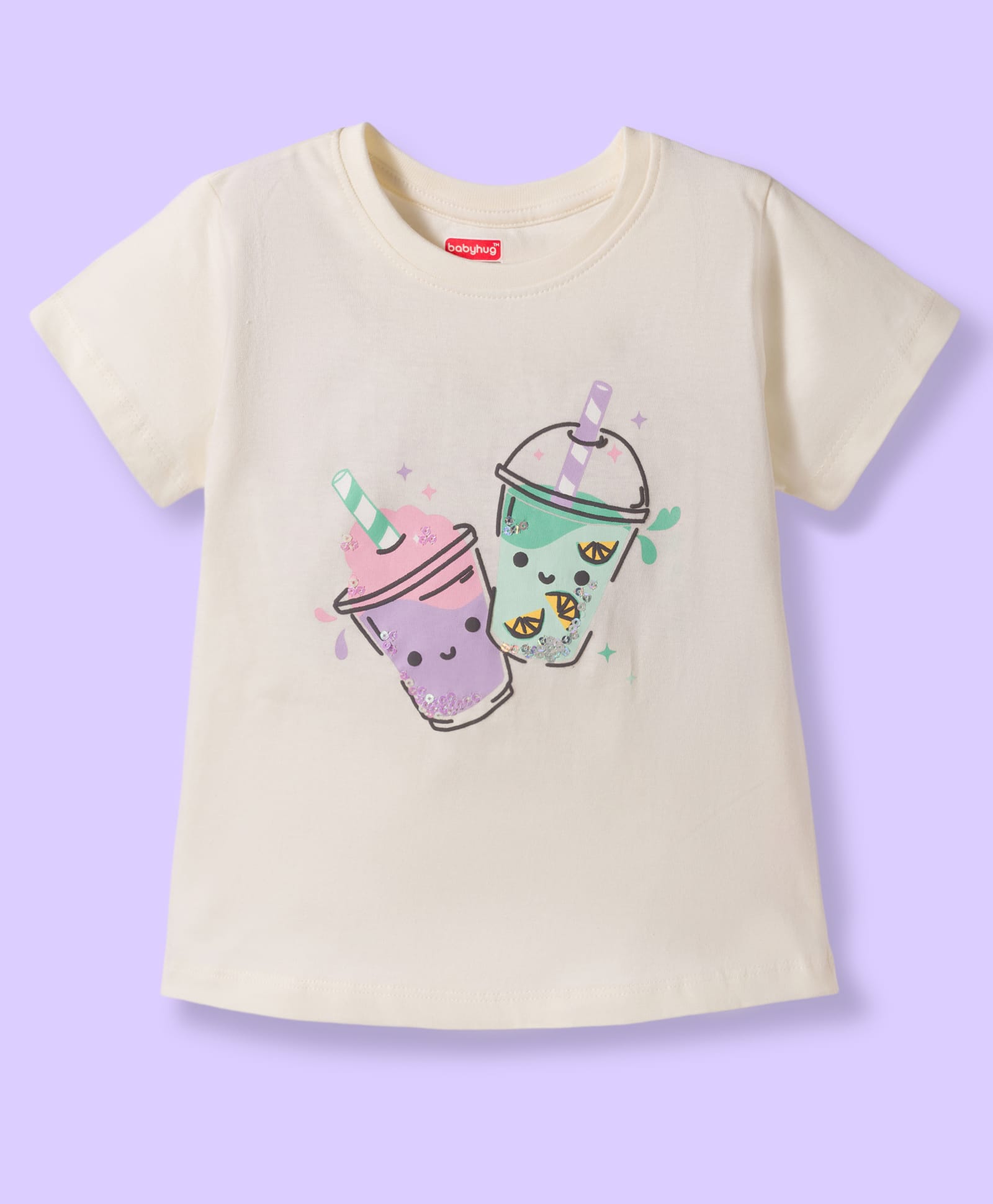 Babyhug Cotton Knit Half Sleeves T-Shirt with Sequin Detailing - Cream-picture-10