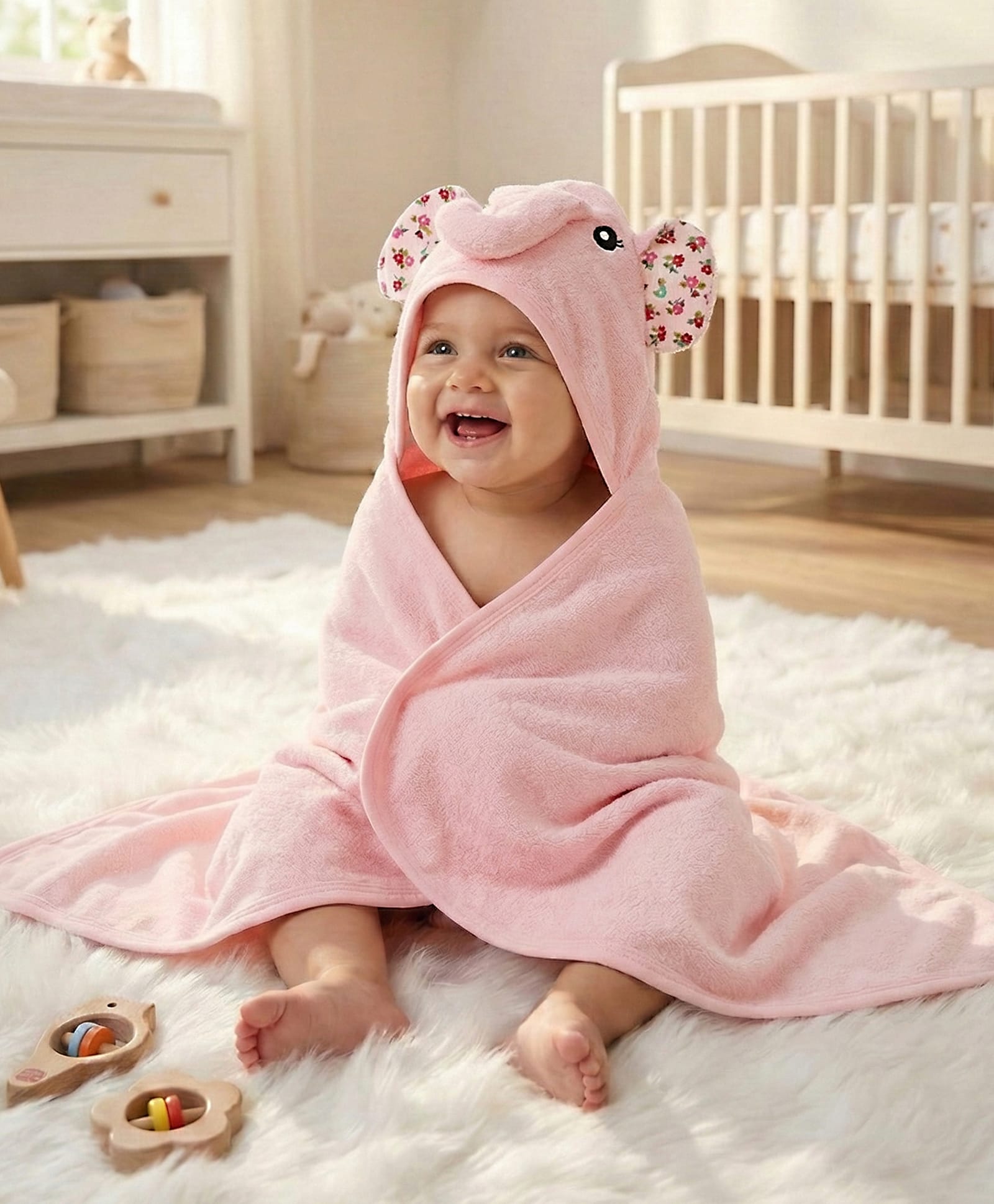Babyhug Terry Knit Hooded Towel With Elephant Design & Floral Print L 73 x B 73 cm - Pink