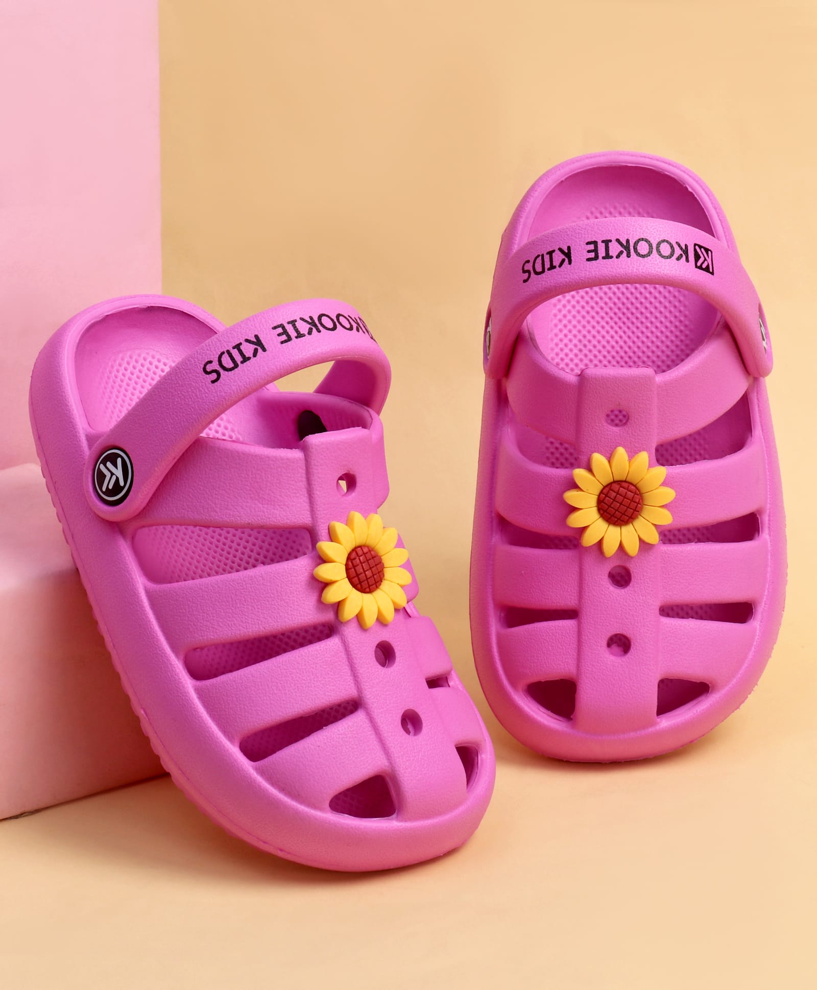 Kookie Kids Back Strap Clogs with Floral Applique - Pink