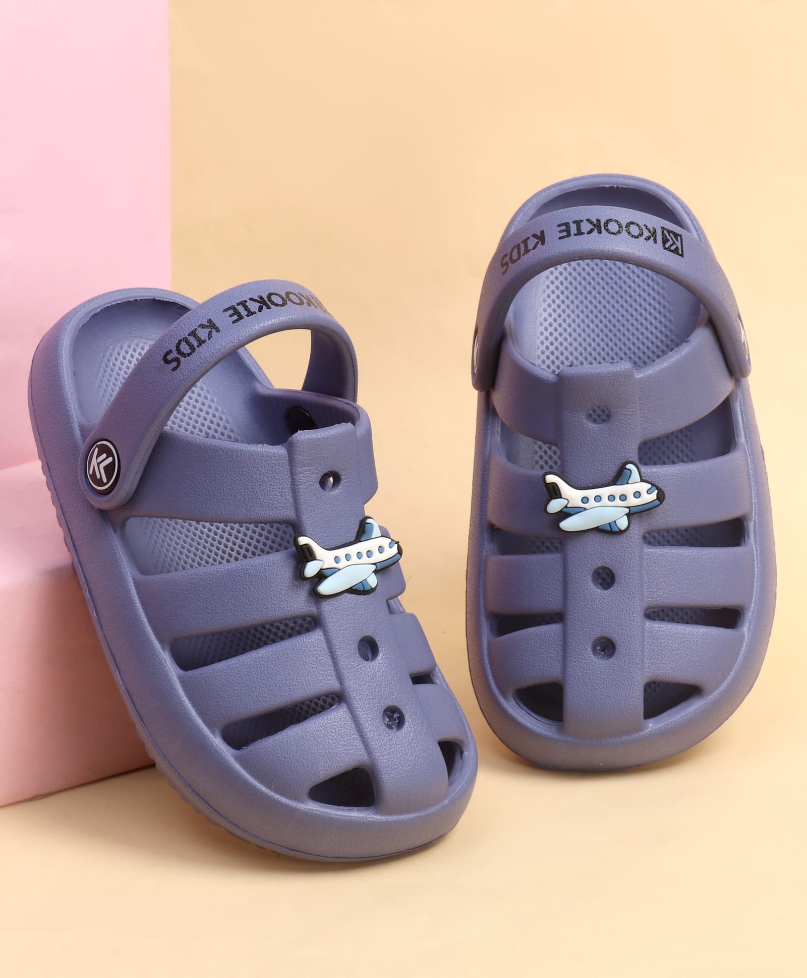 Kookie Kids Back Strap Clogs with Airplane Applique - Blue