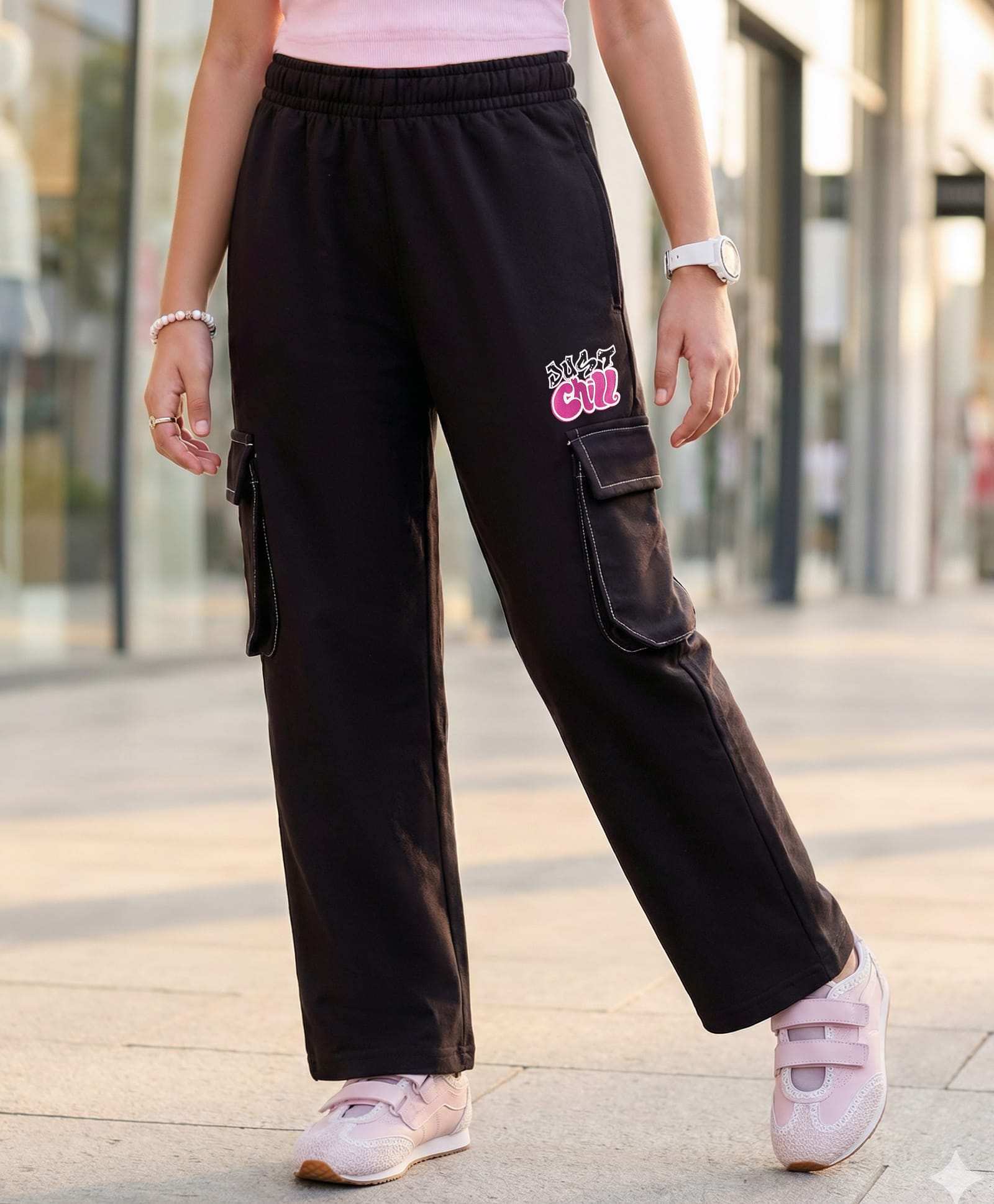 Pine Kids Knit Full Length Track Pant with Text Print & Pockets - Black