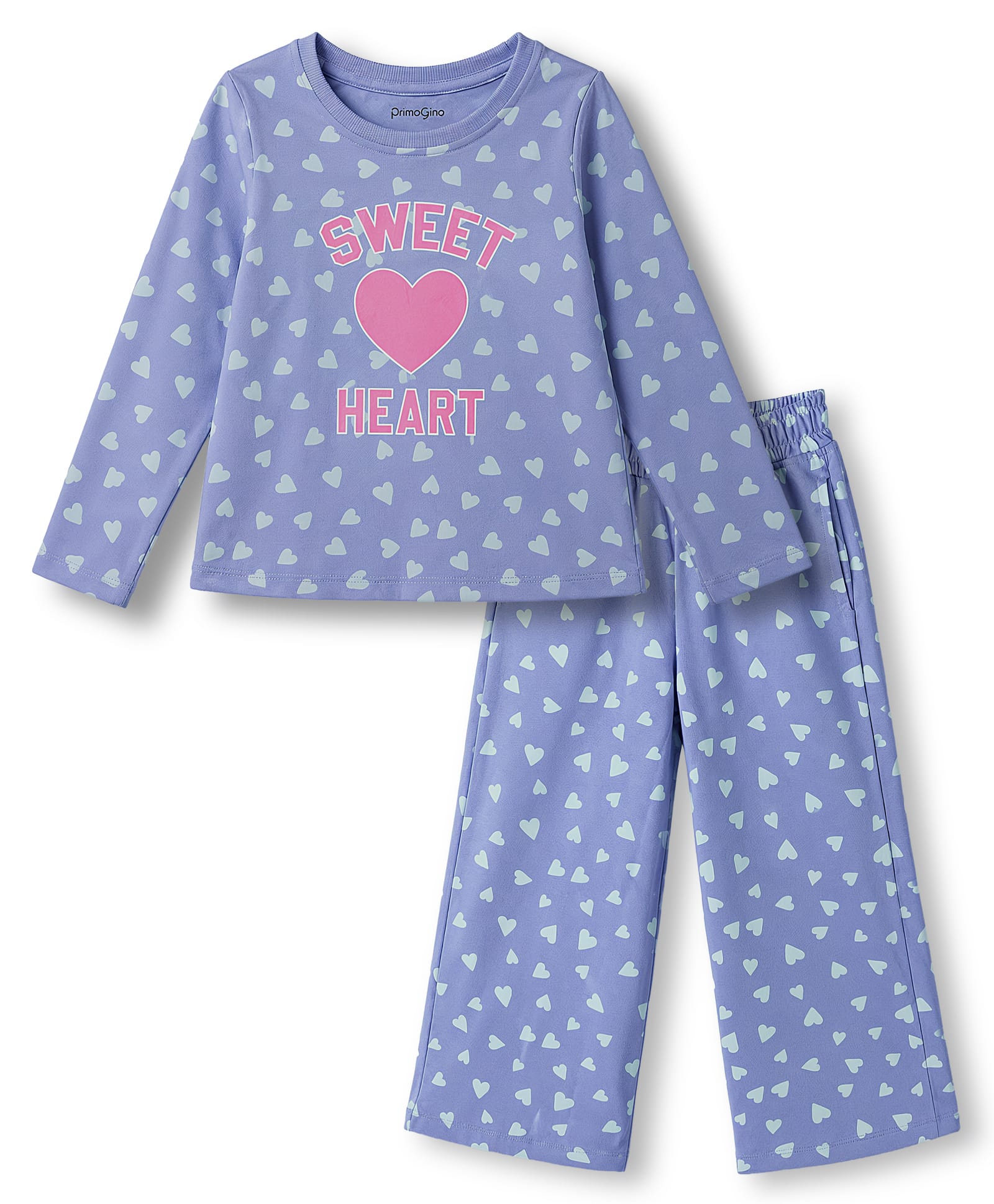 Primo Gino 100% Cotton Knit Full Sleeves T-Shirt & Pyjama Co-Ord Night Suit With Heart & Text Print - Light Blue-image-21