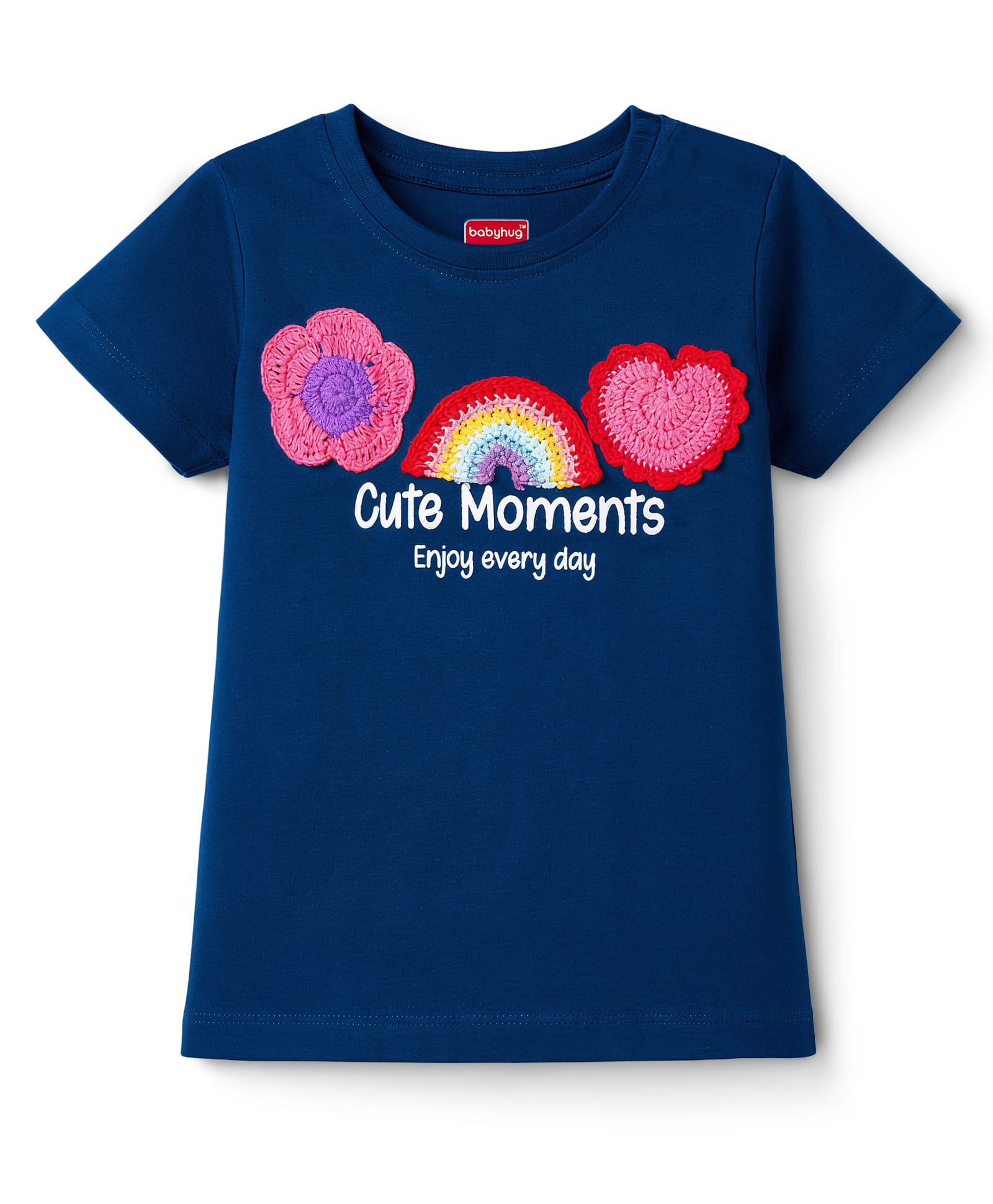 Babyhug Cotton Knit Half Sleeves T-Shirt with Crochet Applique - Navy Blue-image-25