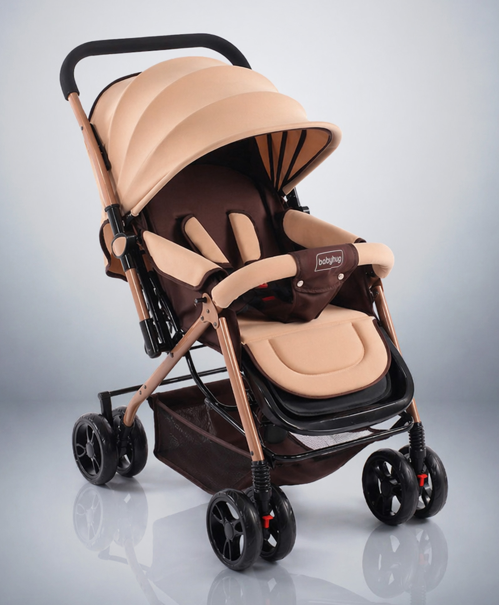 Babyhug Symphony Baby Stroller with Reversible Handle & Mosquito Net Beige| Multi Recline Seat| Shock Absorbing Wheels| Safety Harness|Storage Basket| Linked Brake|03 Years| Swivel Wheels with Lock-picture-28