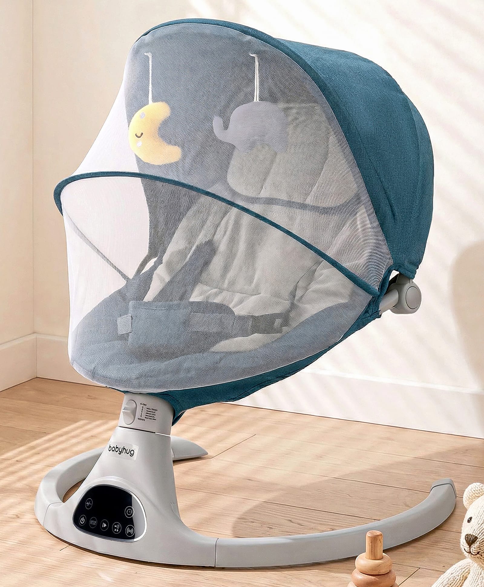 Babyhug Electric Rocker with Mosquito Net - Blue| Baby Swing Cradle with Remote| 6 Speed Levels| Safety Harness| Built-in Music with Volume Control| Off Timer| Silent Operation| Remote Control
