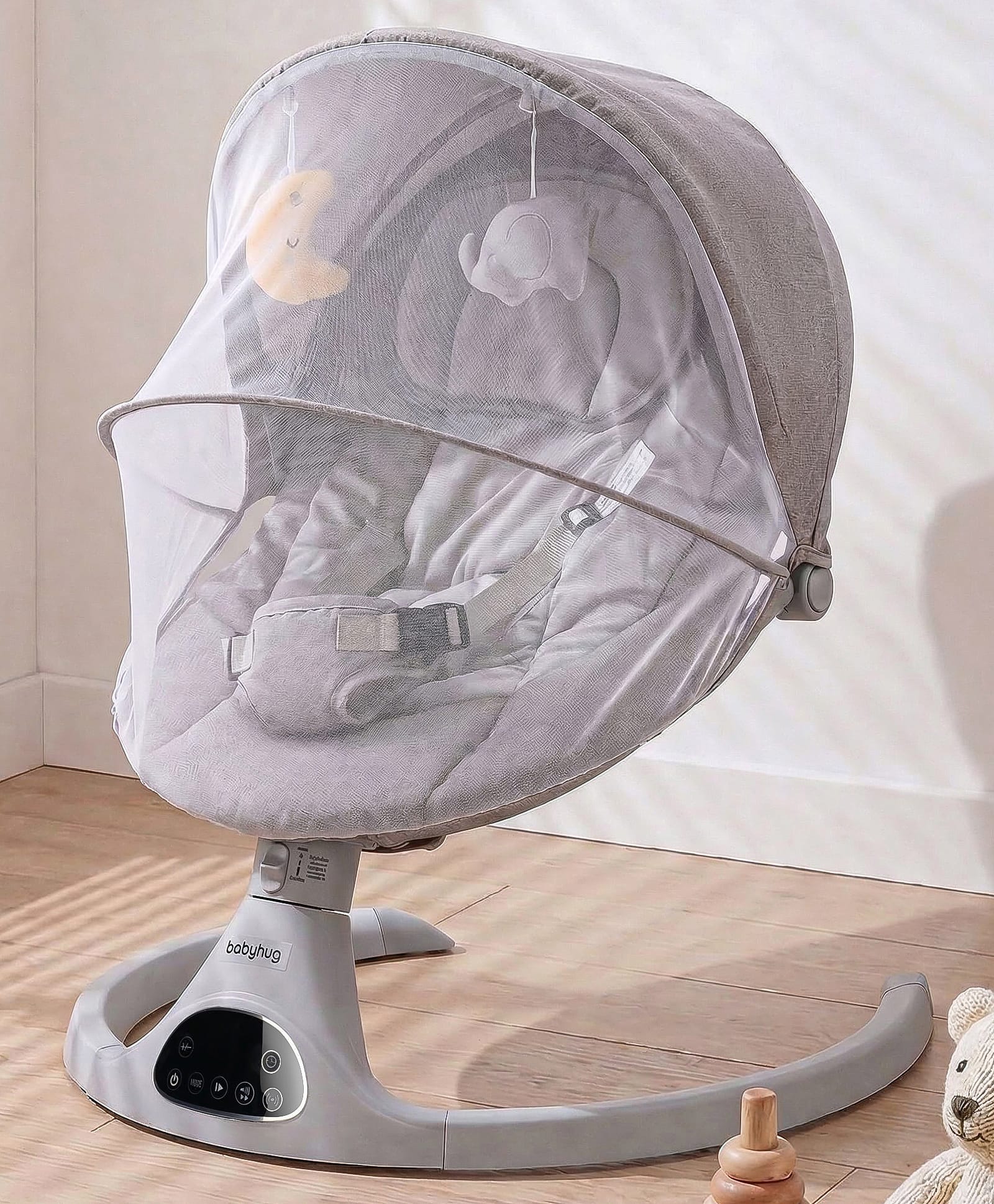 Babyhug Electric Rocker with Mosquito Net - Grey| Baby Swing Cradle with Remote| 6 Speed Levels| Safety Harness| Built-in Music with Volume Control| Off Timer| Silent Operation| Remote Control