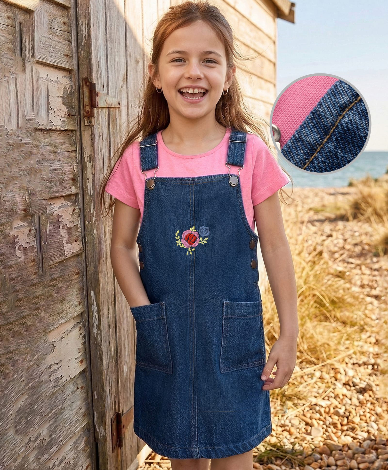 Hola Bonita Cotton Knit Half Sleeves T-Shirt with Denim Pinafore with Floral Embroidery - Blue-image-23