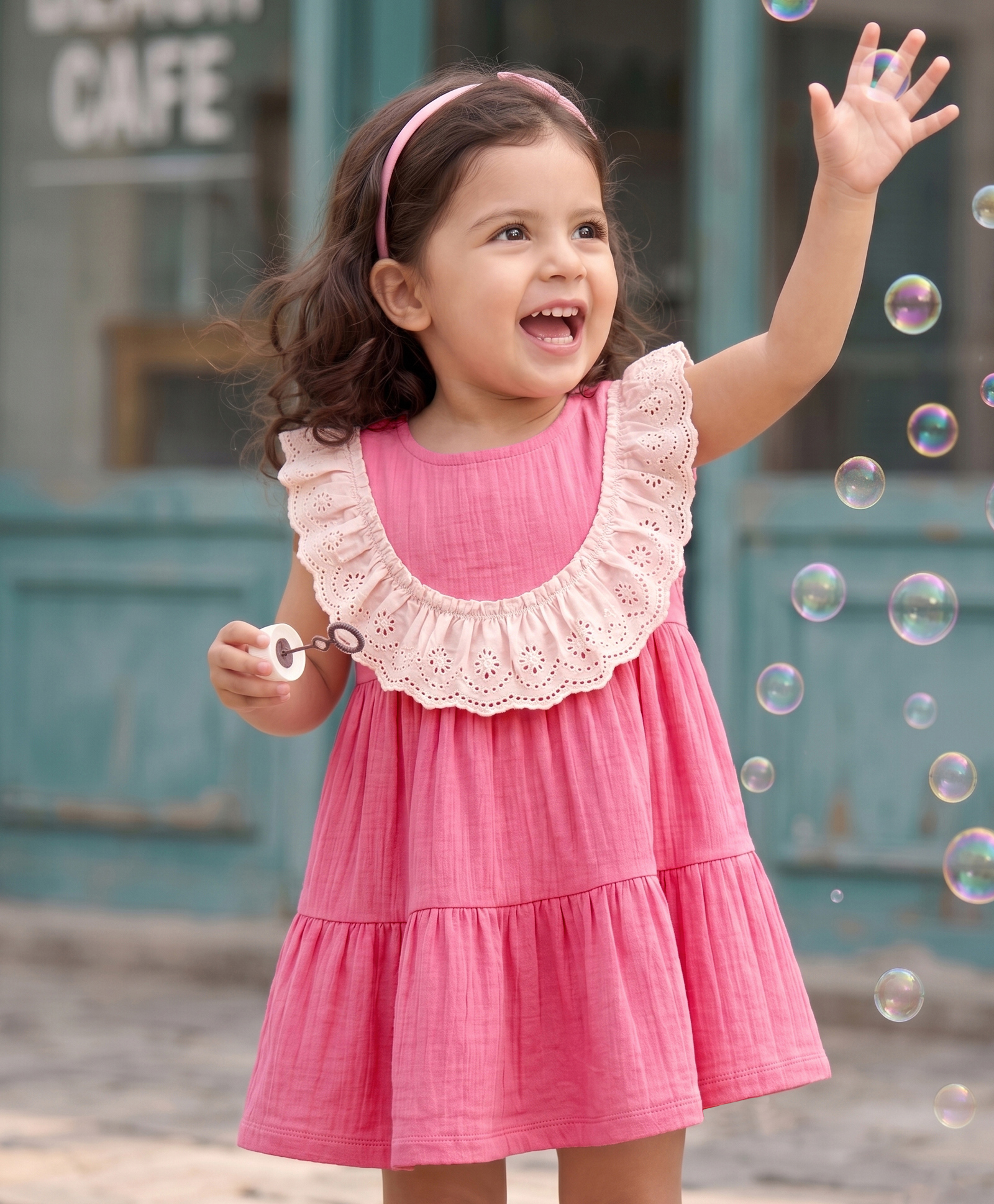Babyoye 100% Cotton Woven Sleeveless Solid Textured Tiered Frock With Lace Detailing - Pink-image-40