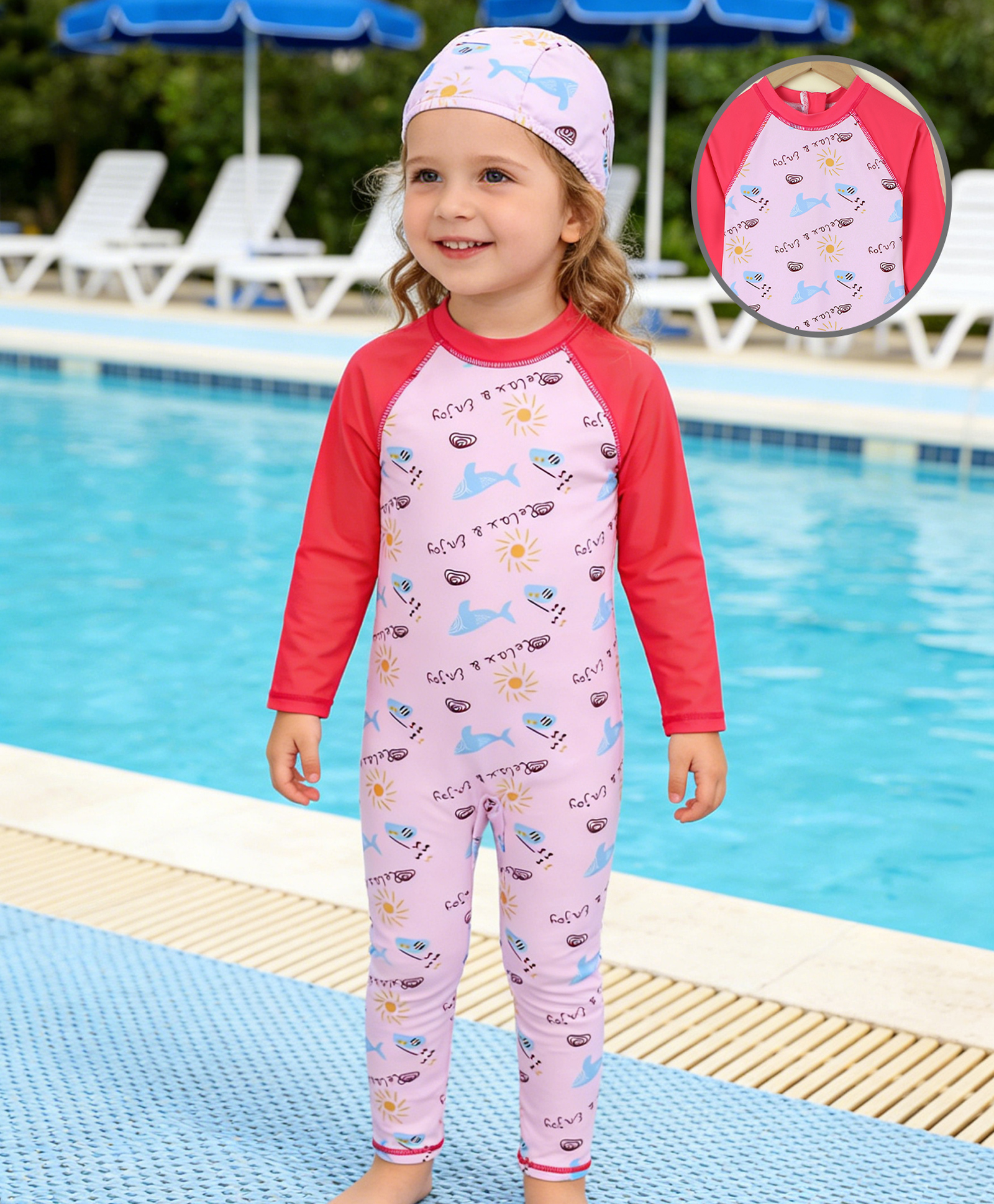 Mark & Mia Raglan Full Sleeves Sea Life Printed Legged Swimsuit With Cap - Pink