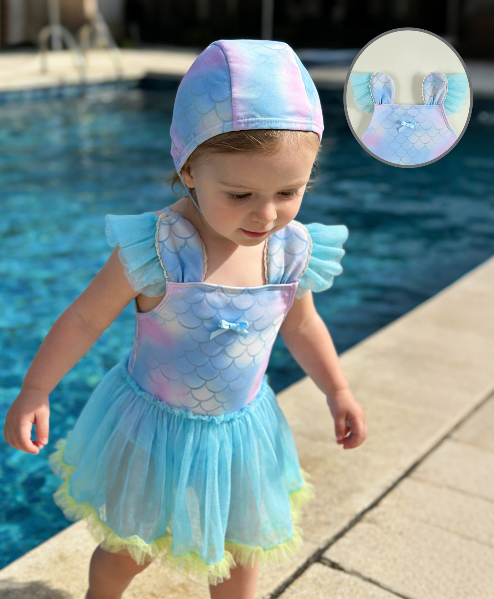 Mark & Mia Sleeveless Shells Printed Frock Swimsuit With Cap - Light Blue-image-39