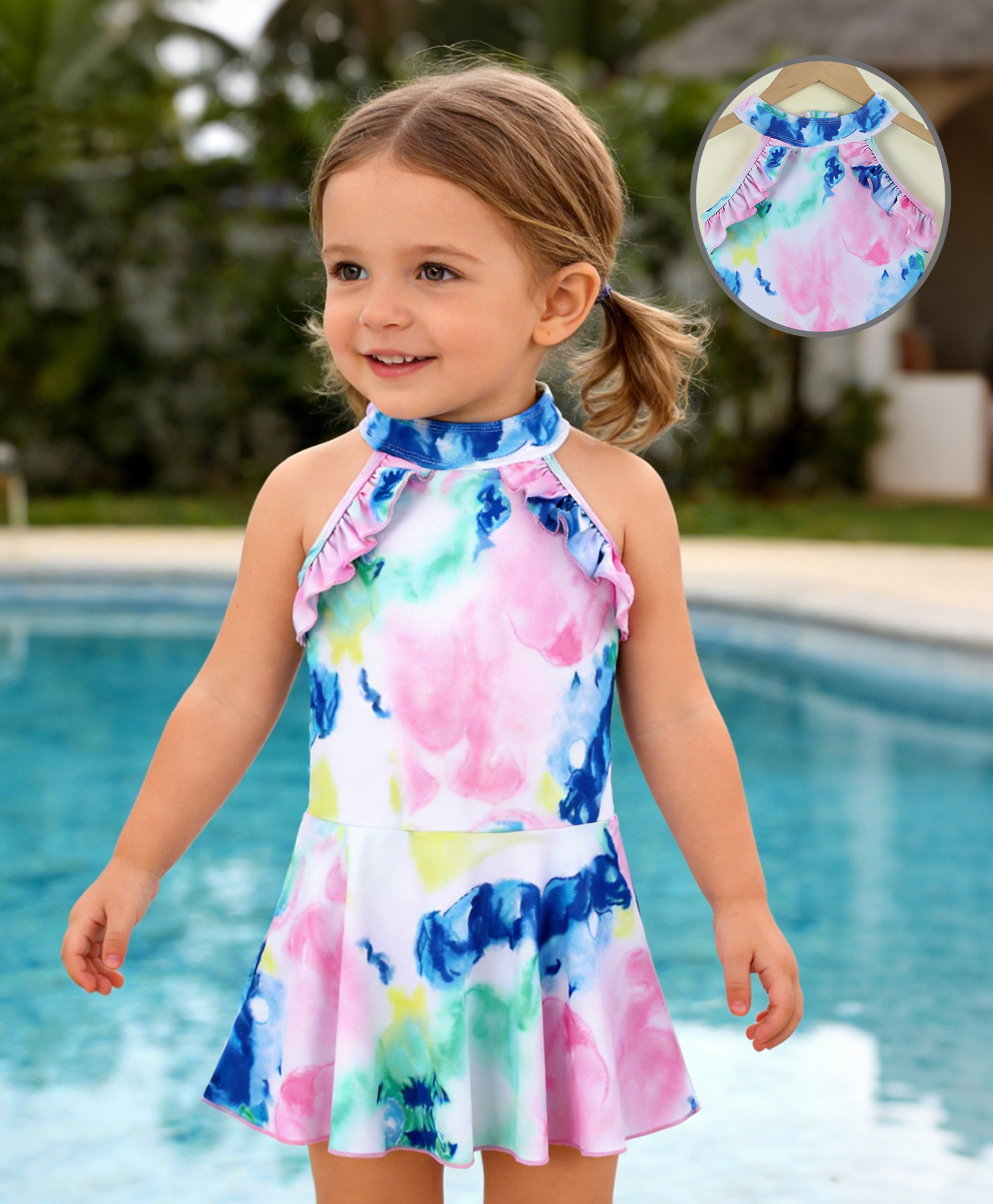 Mark & Mia Sleeveless Printed Frock Swimsuit - White & Blue