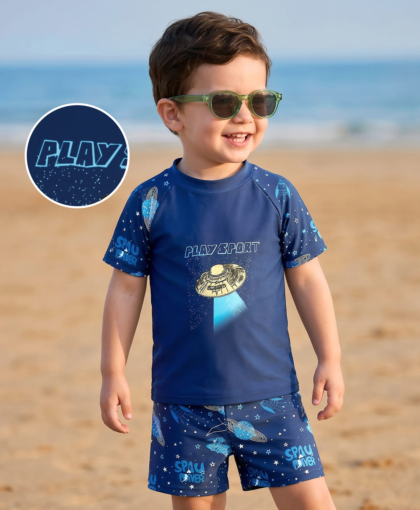 Mark & Mia Raglan Half Sleeves Space Theme Printed Two Piece Swimsuit - Navy Blue-picture-16