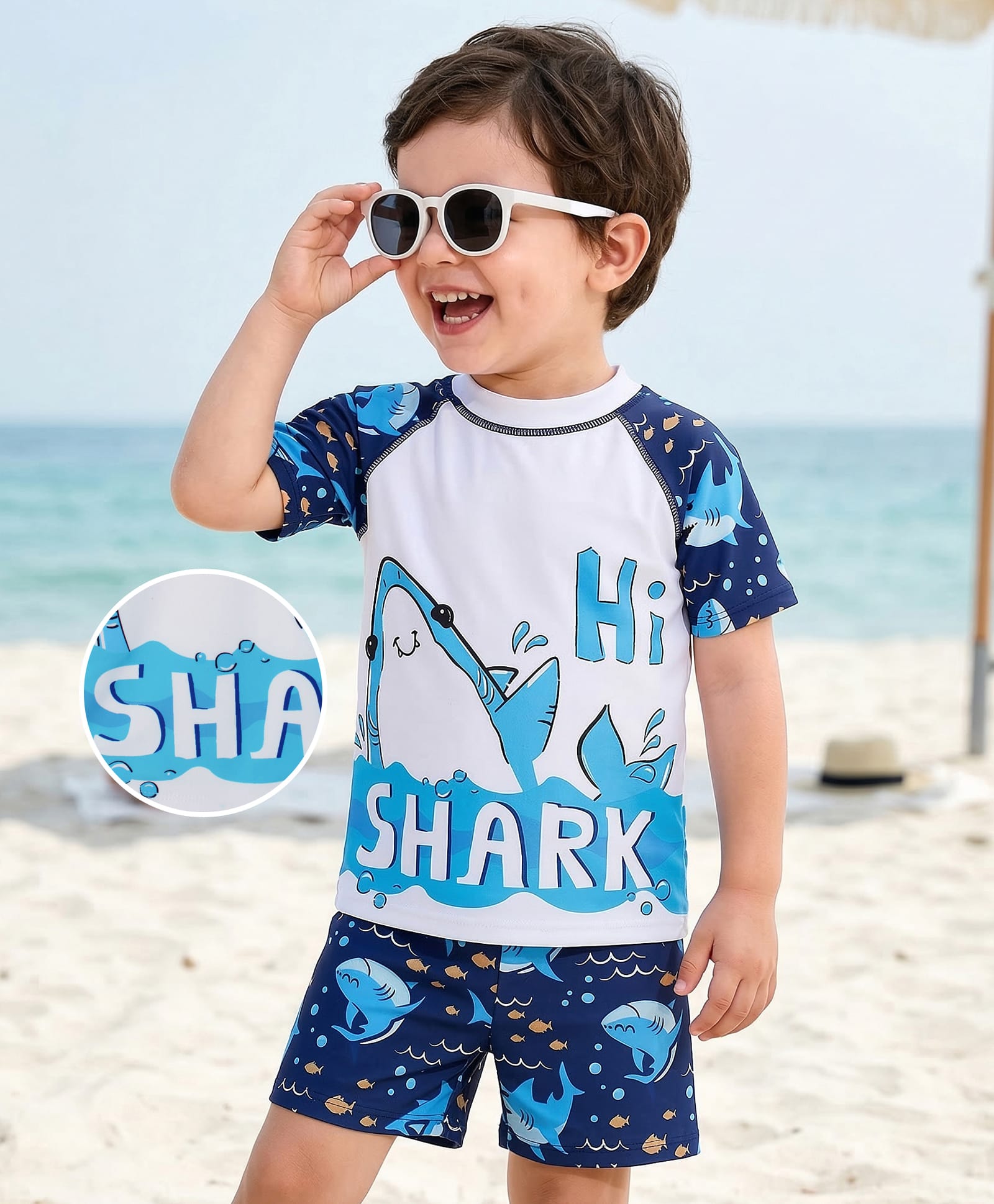 Mark & Mia Half Raglan Sleeves Two Piece Swimsuit with Shark Print - Blue-picture-16
