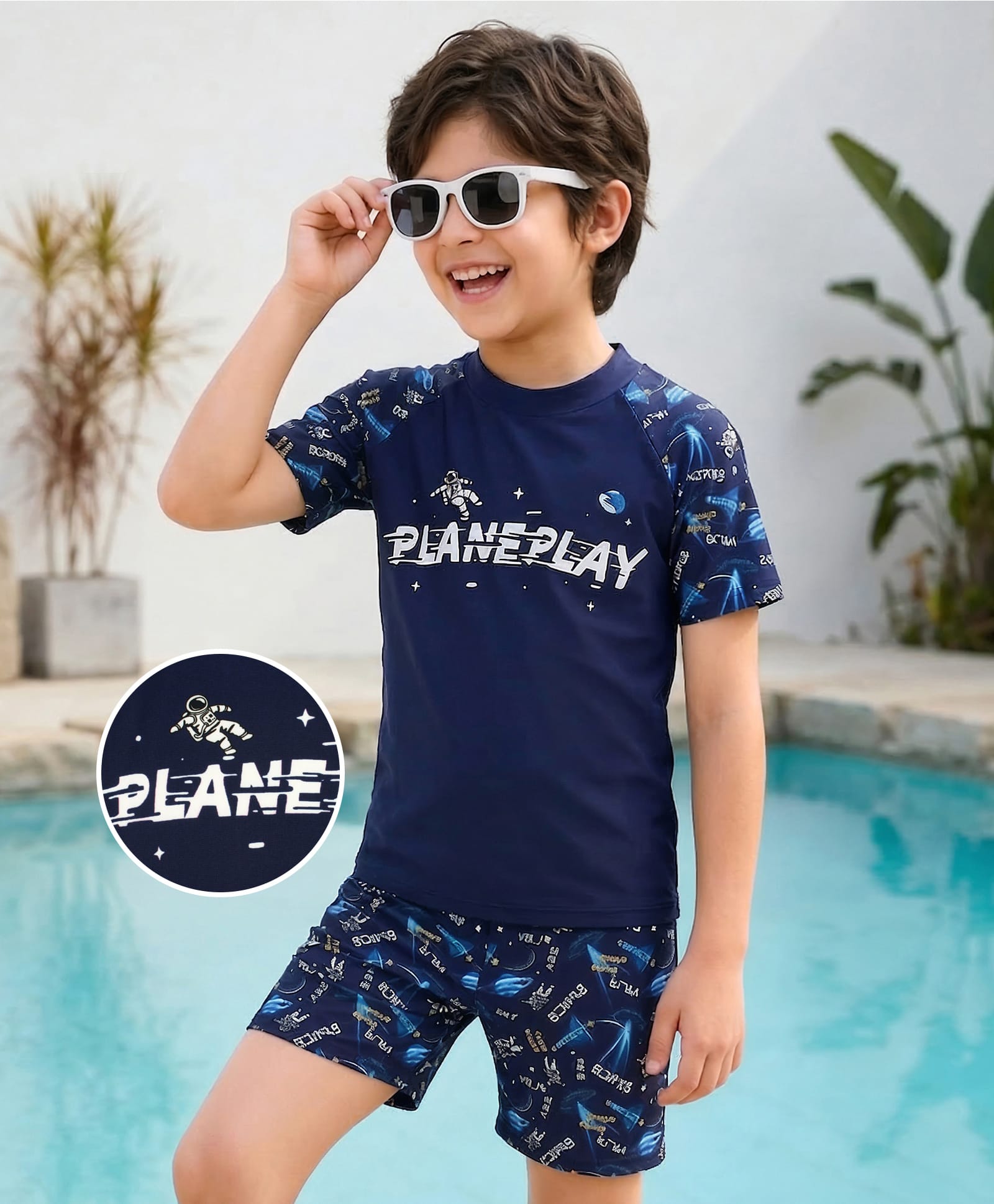 Mark & Mia Raglan Half Sleeves Space Theme Printed Two Piece Swimsuit - Navy Blue-picture-17