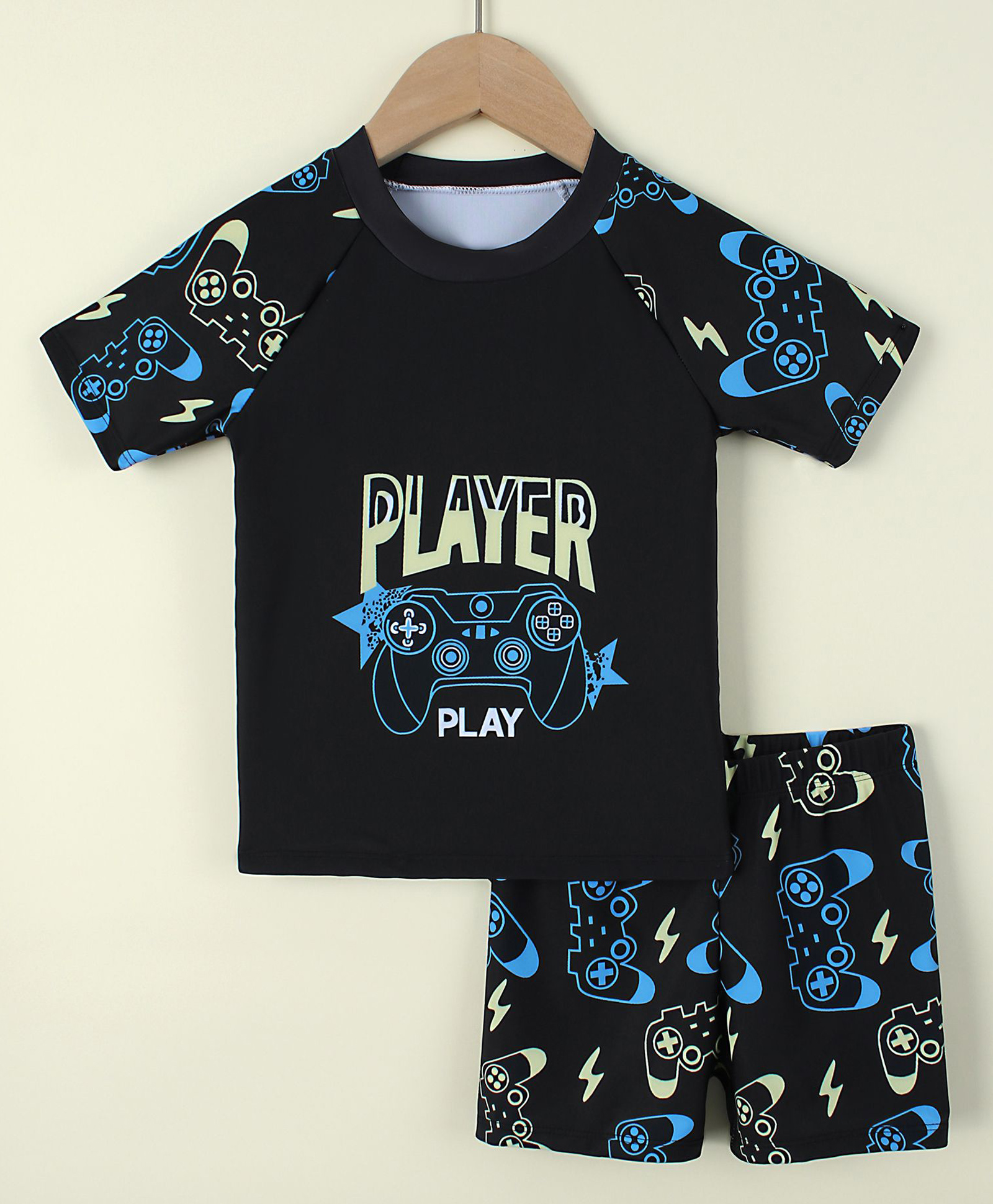 Mark & Mia Raglan Half Sleeves Gaming Theme Printed Two Piece Swimsuit - Black