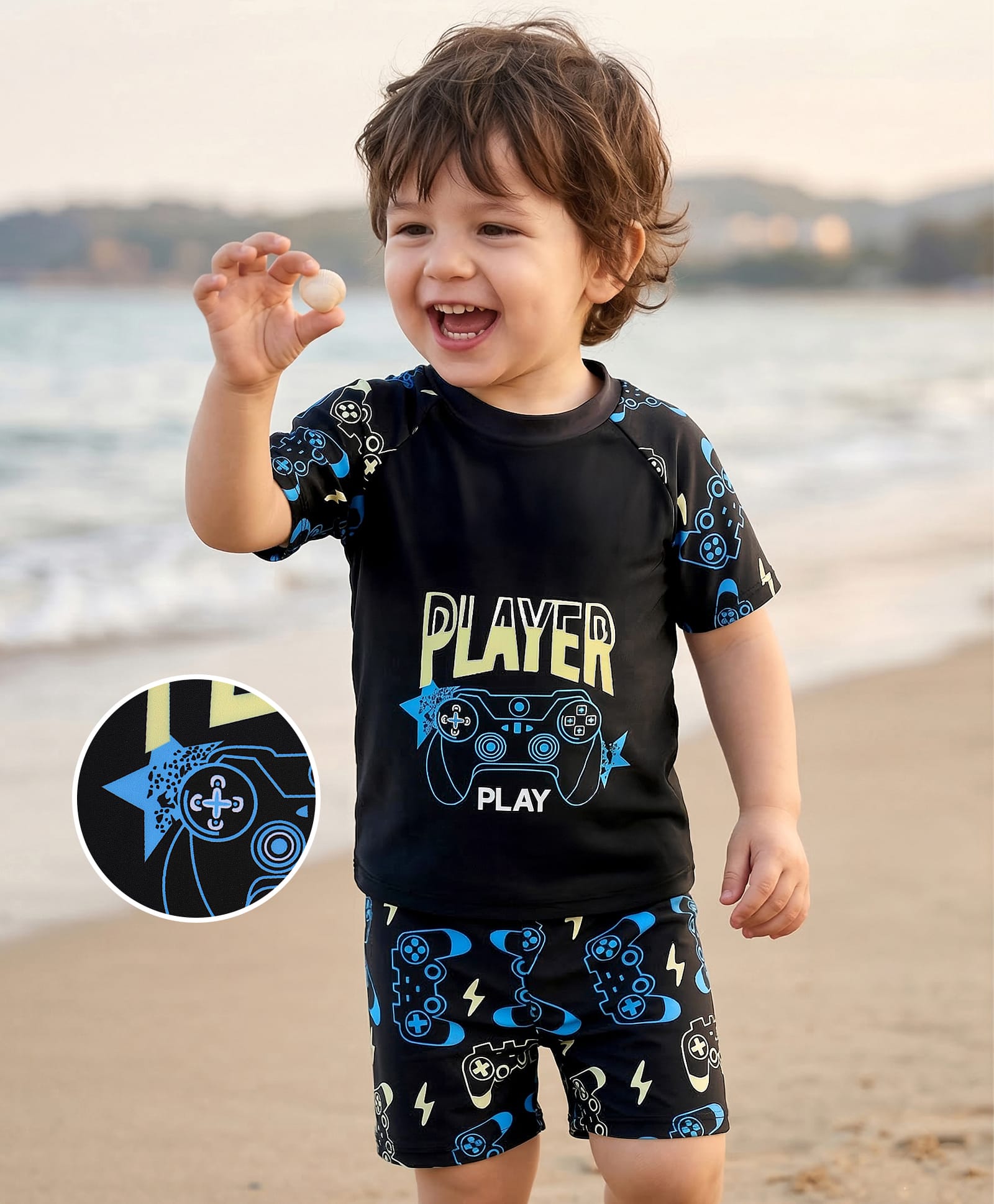Mark & Mia Raglan Half Sleeves Gaming Theme Printed Two Piece Swimsuit - Black-picture-11