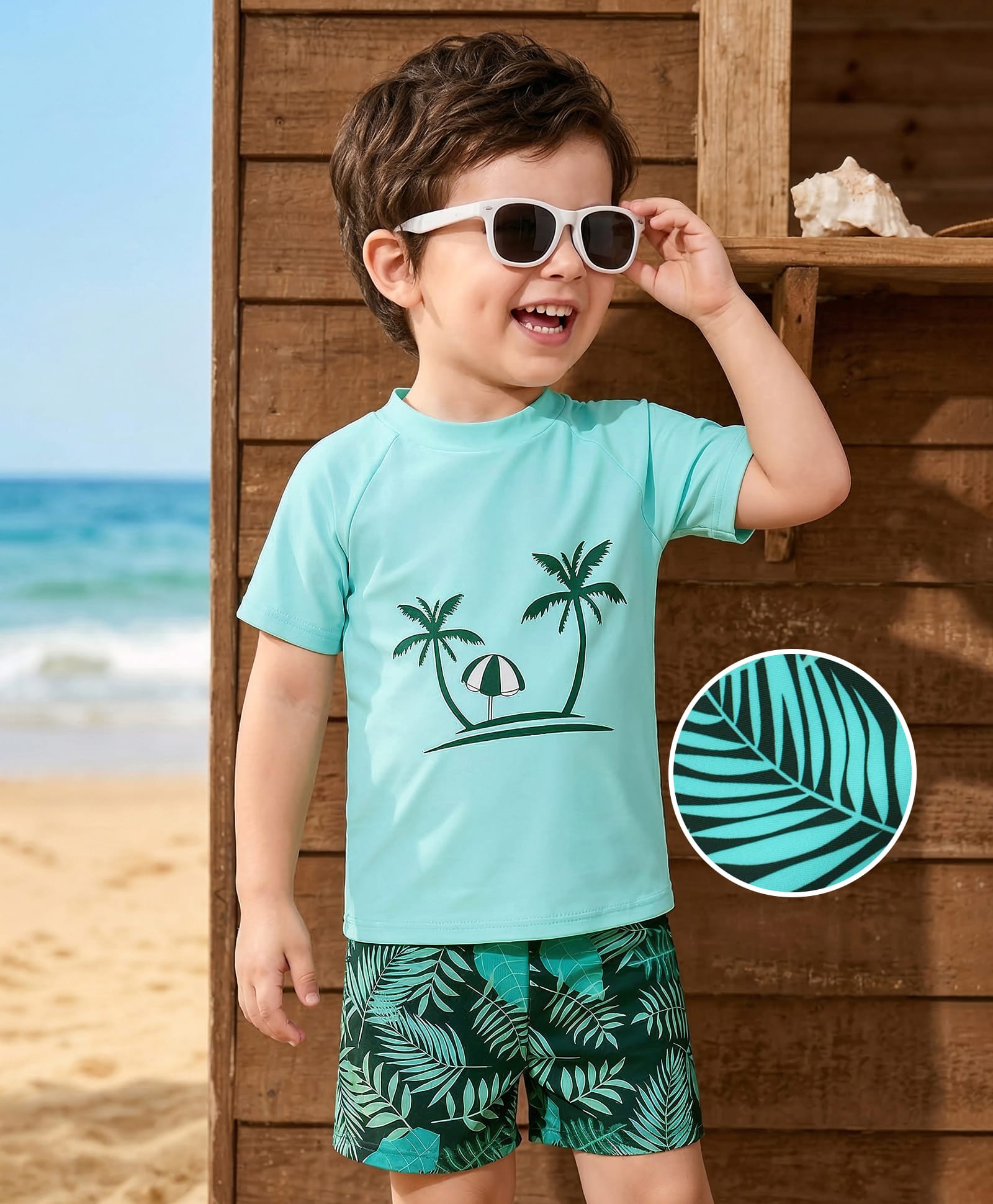 Mark & Mia Raglan Half Sleeves Beach Theme Printed Two Piece Swimsuit - Aqua Blue-image-22