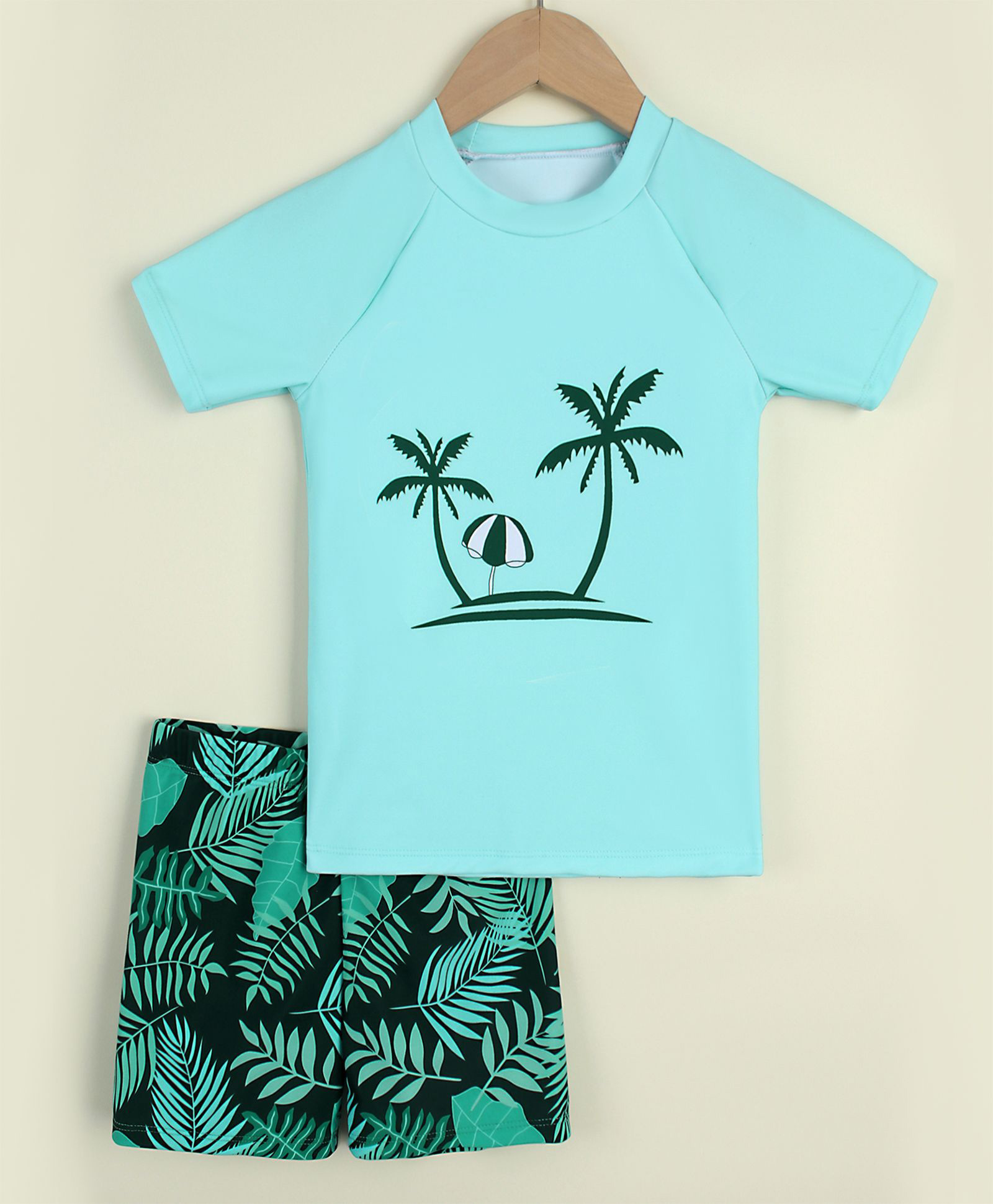Mark & Mia Raglan Half Sleeves Beach Theme Printed Two Piece Swimsuit - Aqua Blue