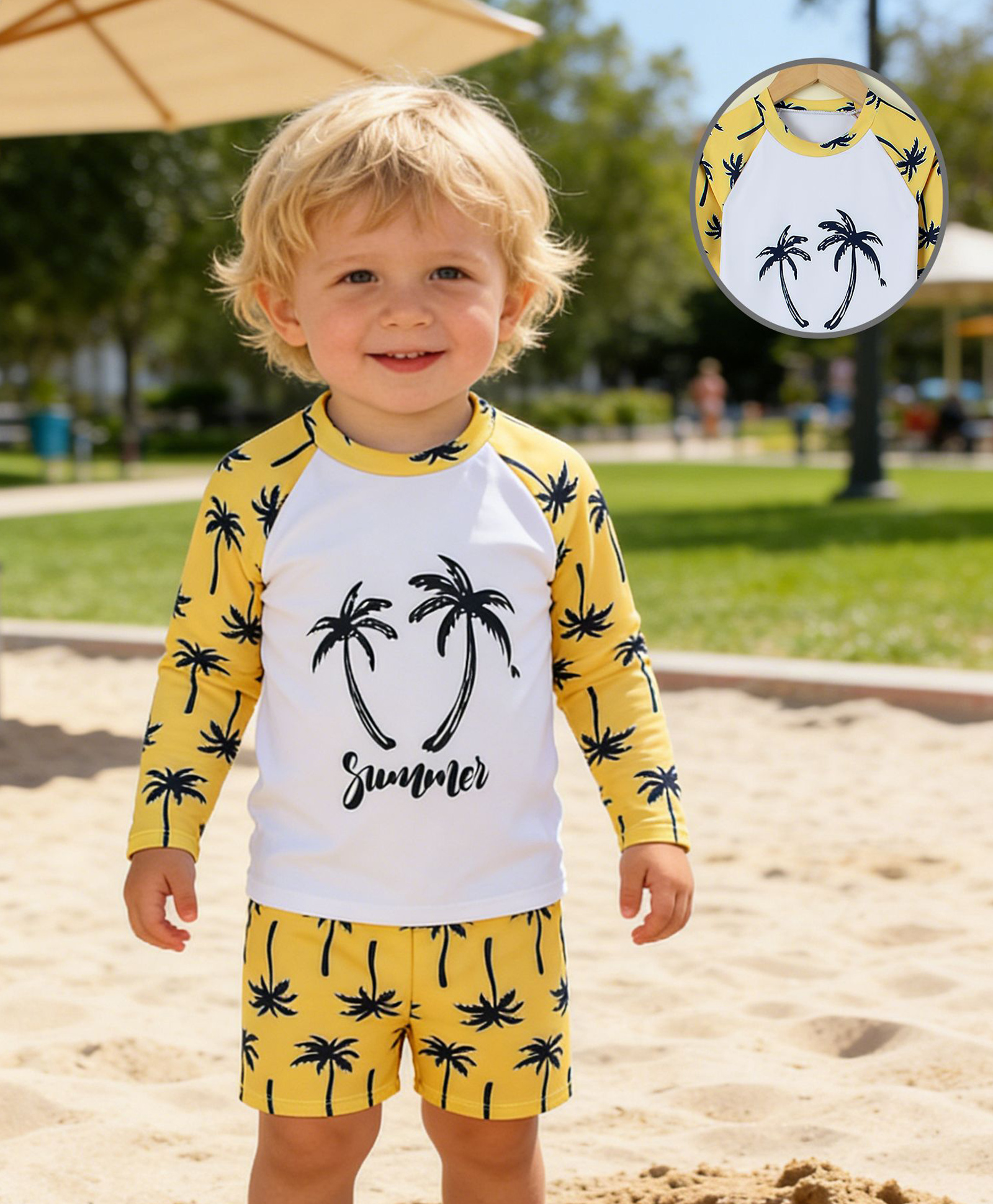 Mark & Mia Raglan Full Sleeves Palm Tree Printed Two Piece Swimsuit - Yellow-image-10