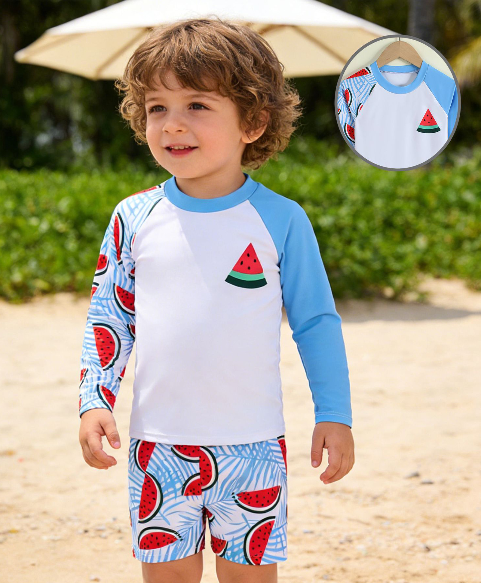 Mark & Mia Raglan Full Sleeves Watermelon Printed Two Piece Swimsuit - Light Blue
