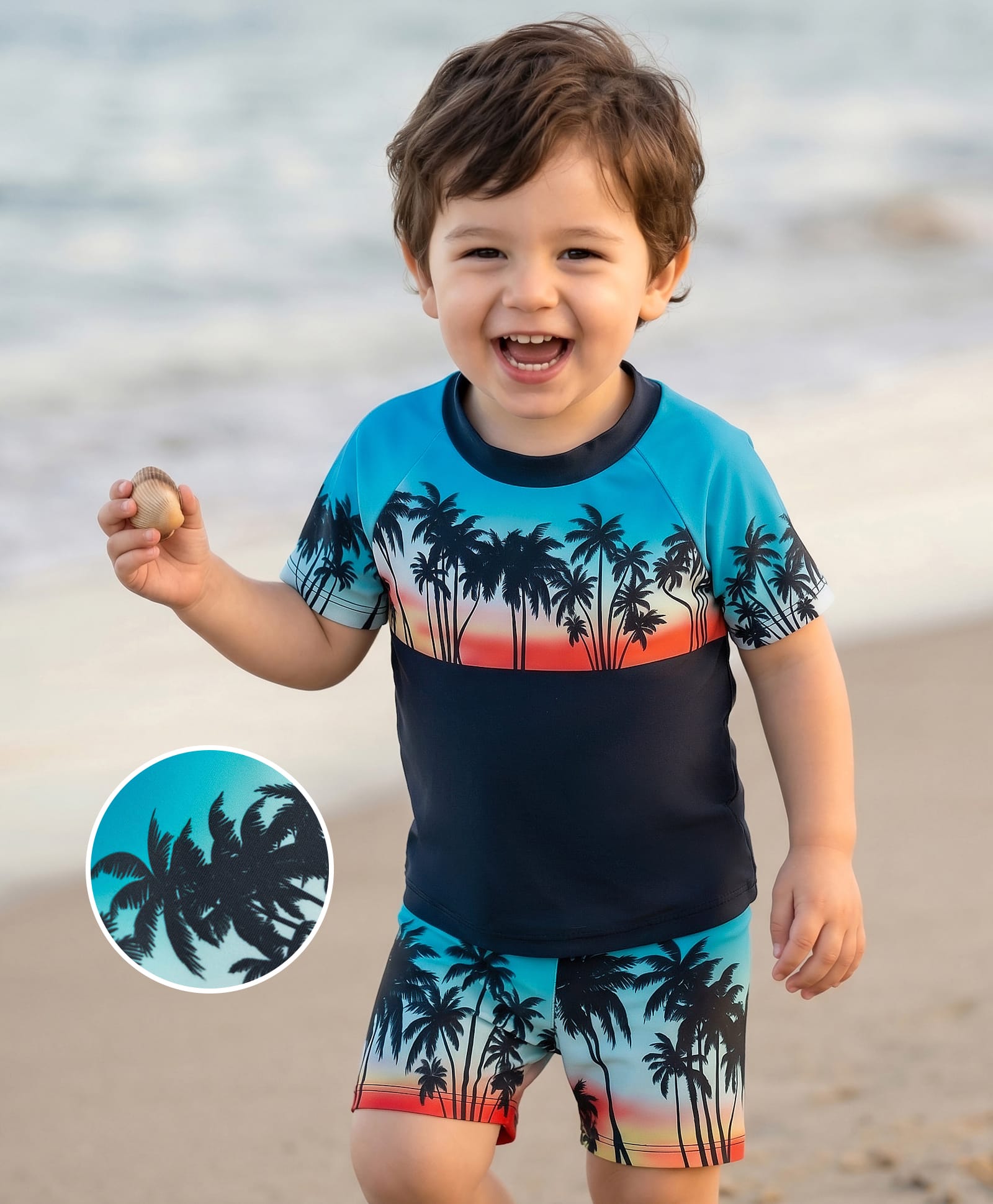 Mark & Mia Half Raglan Sleeves Two Piece Swimsuit with Beach Theme Print - Blue