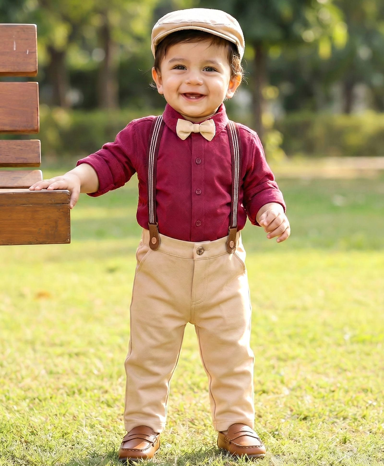 Babyhug Knit Half Sleeves Solid Party Shirt & Trouser Set With Bow Suspender & Cap - Maroon-image-20