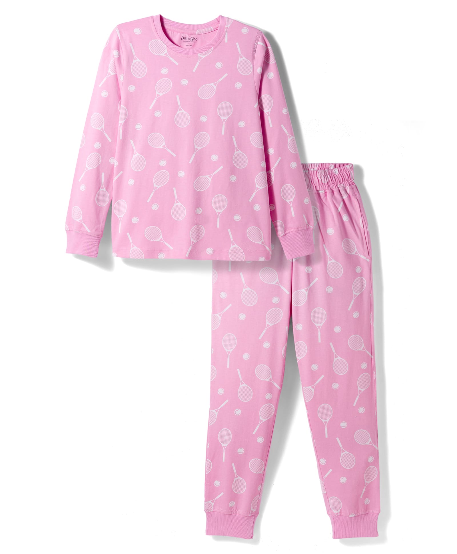 Primo Gino 100% Cotton Knit Full Sleeves Tennis Printed Co-Ords T-Shirt & Pyjama Night Suit - Pink-image-45
