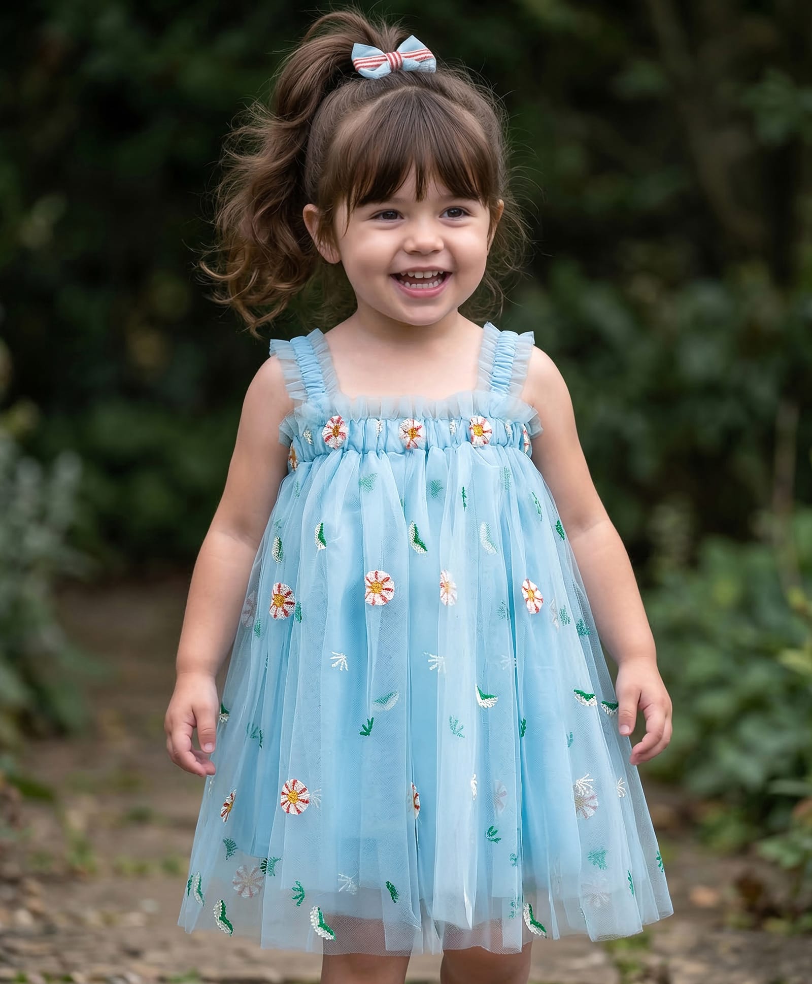Babyhug Soft Mesh Woven Sleeveless Party Dress With Floral Embroidery - Aqua Blue-image-11