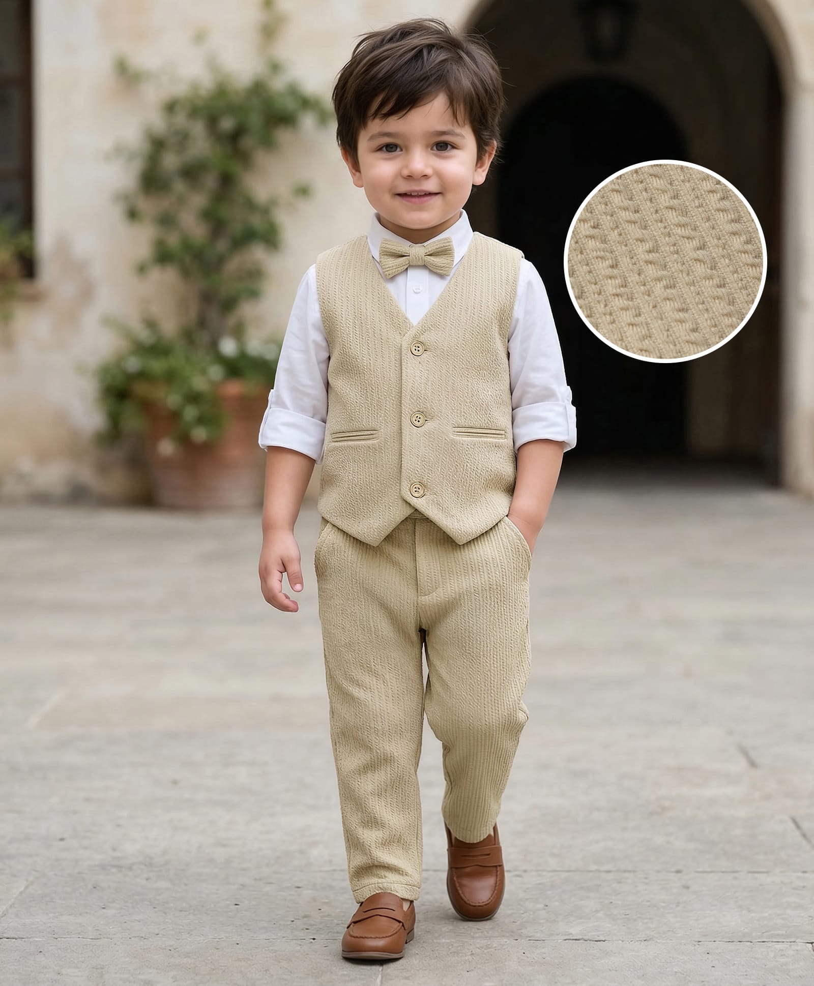 Babyhug Knit Full Sleeves Solid Colour 3 Piece Party Suit with Bow - Beige-picture-11
